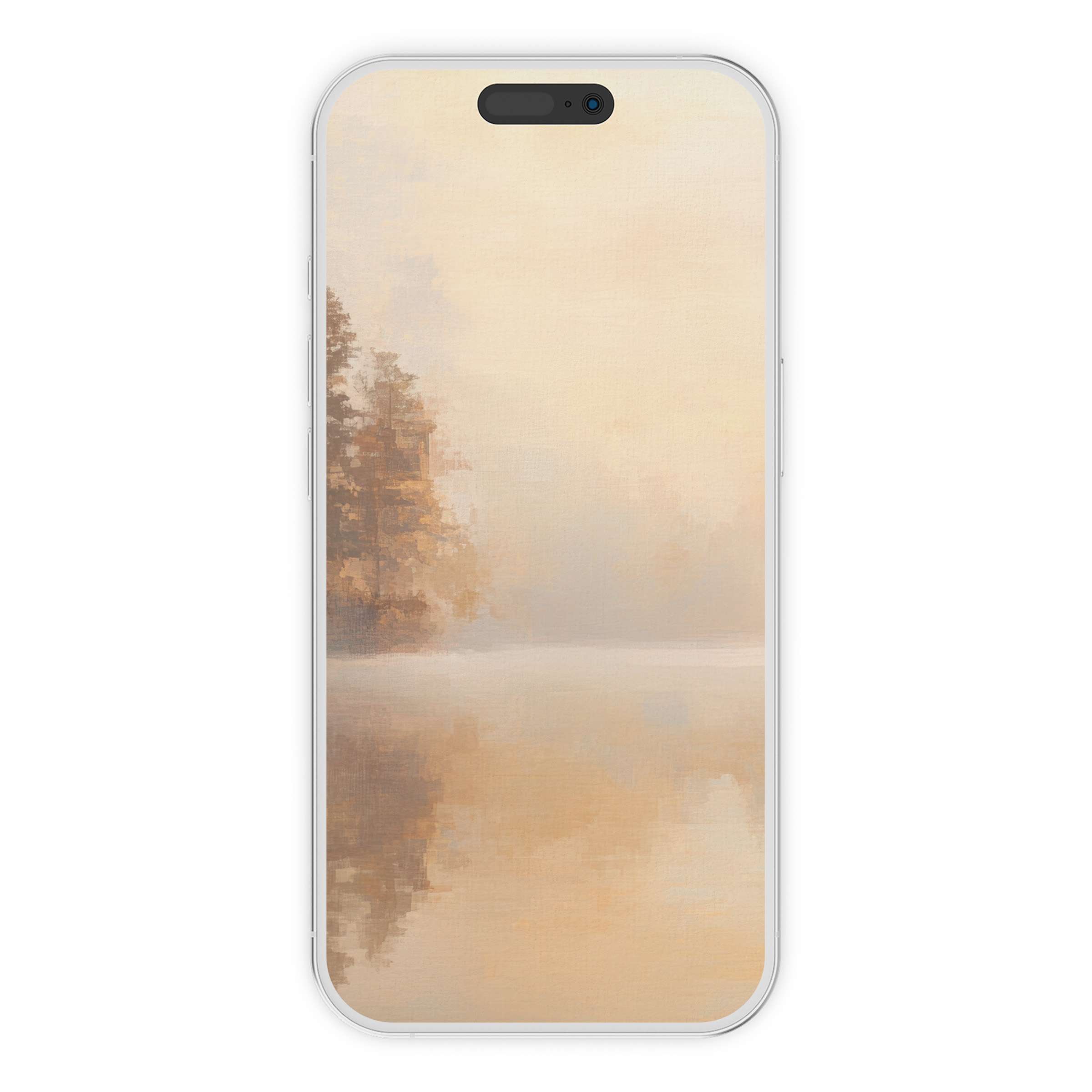 Elegant fall iPhone wallpaper showcasing serene misty lake view for calm phone background, available as digital download for all devices