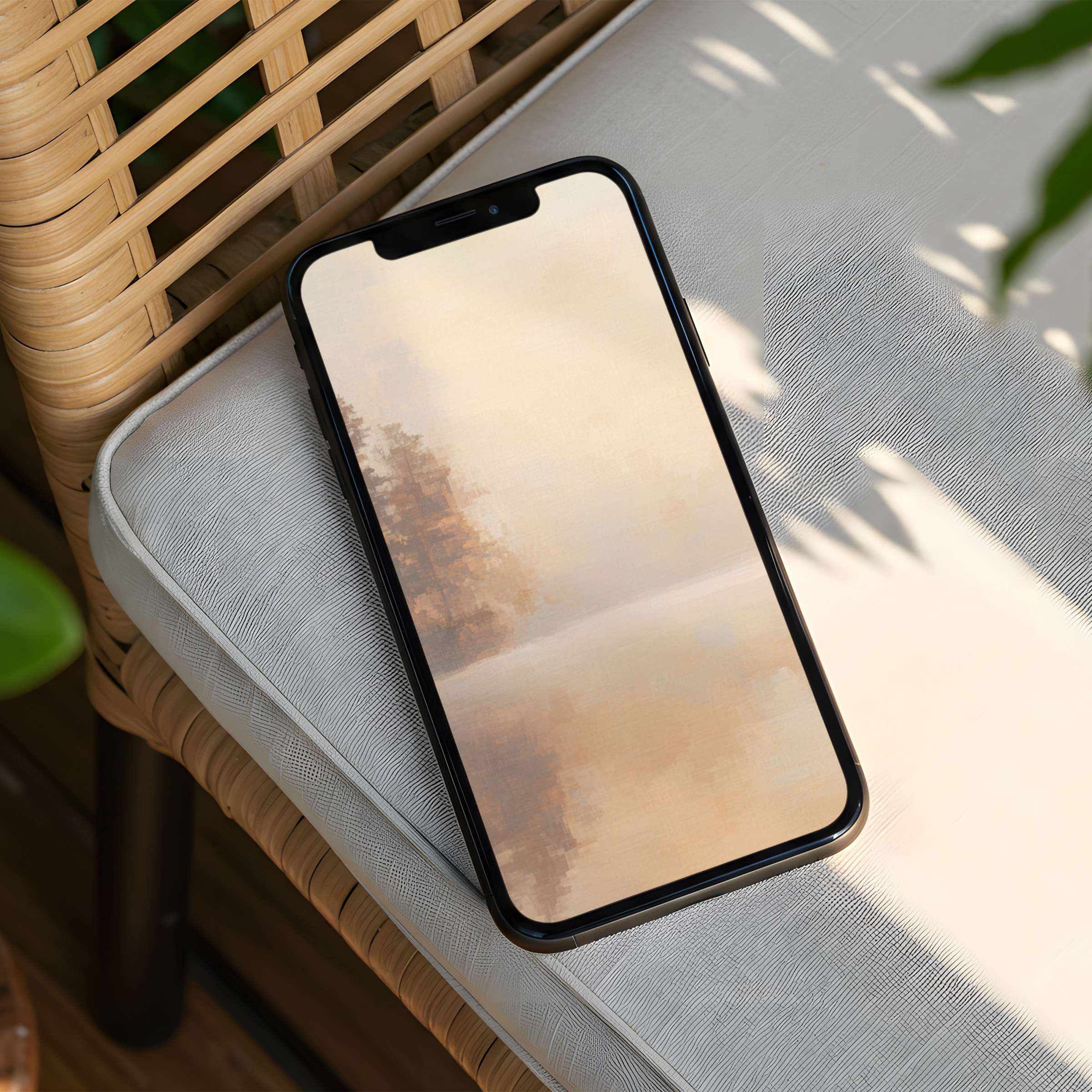 Elegant iPhone background featuring serene autumn trees in soft hues offers instant download for calming phone inspiration