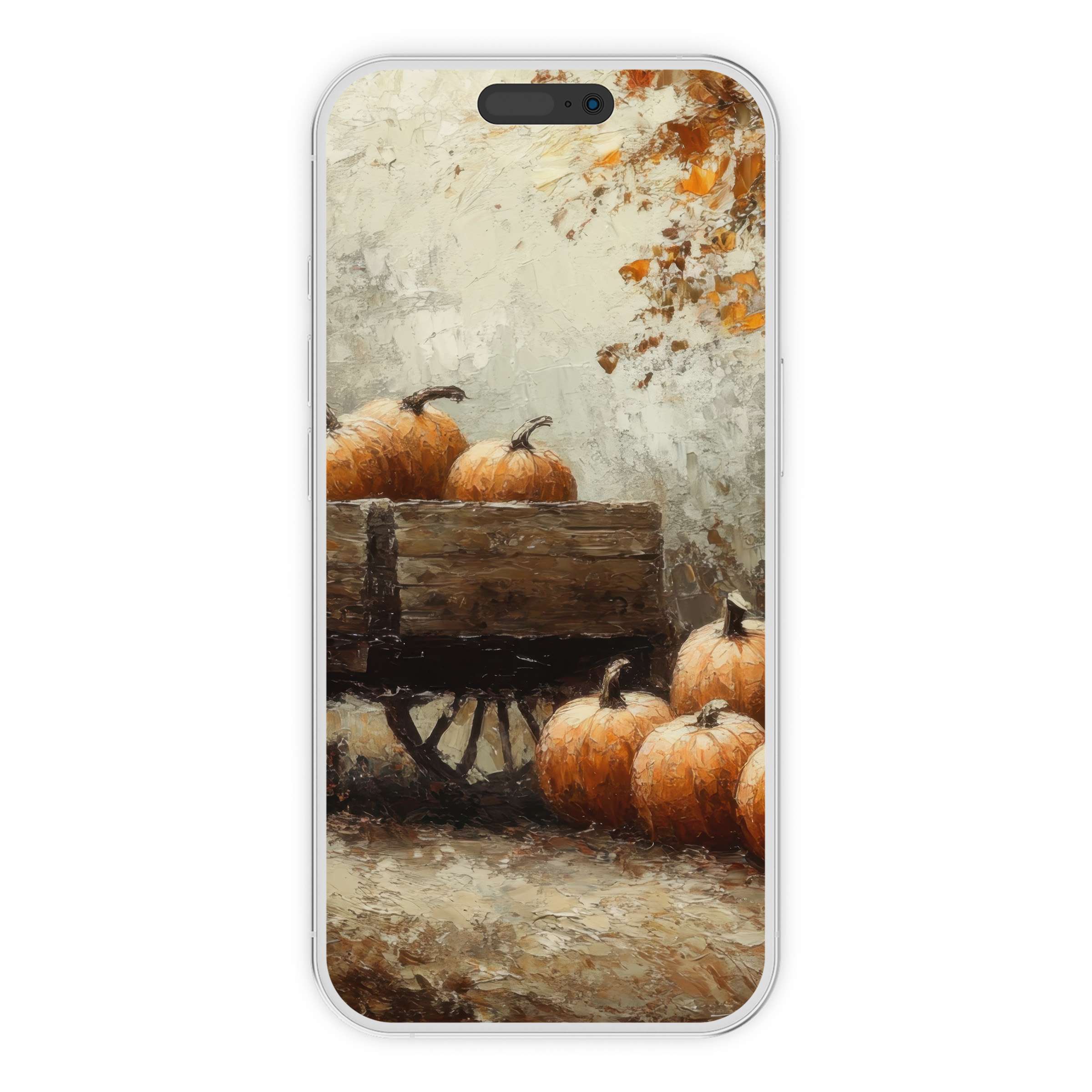 Elegant fall iPhone wallpaper showcasing a rustic wagon with pumpkins amid textured leaves, perfect phone background for cozy digital download
