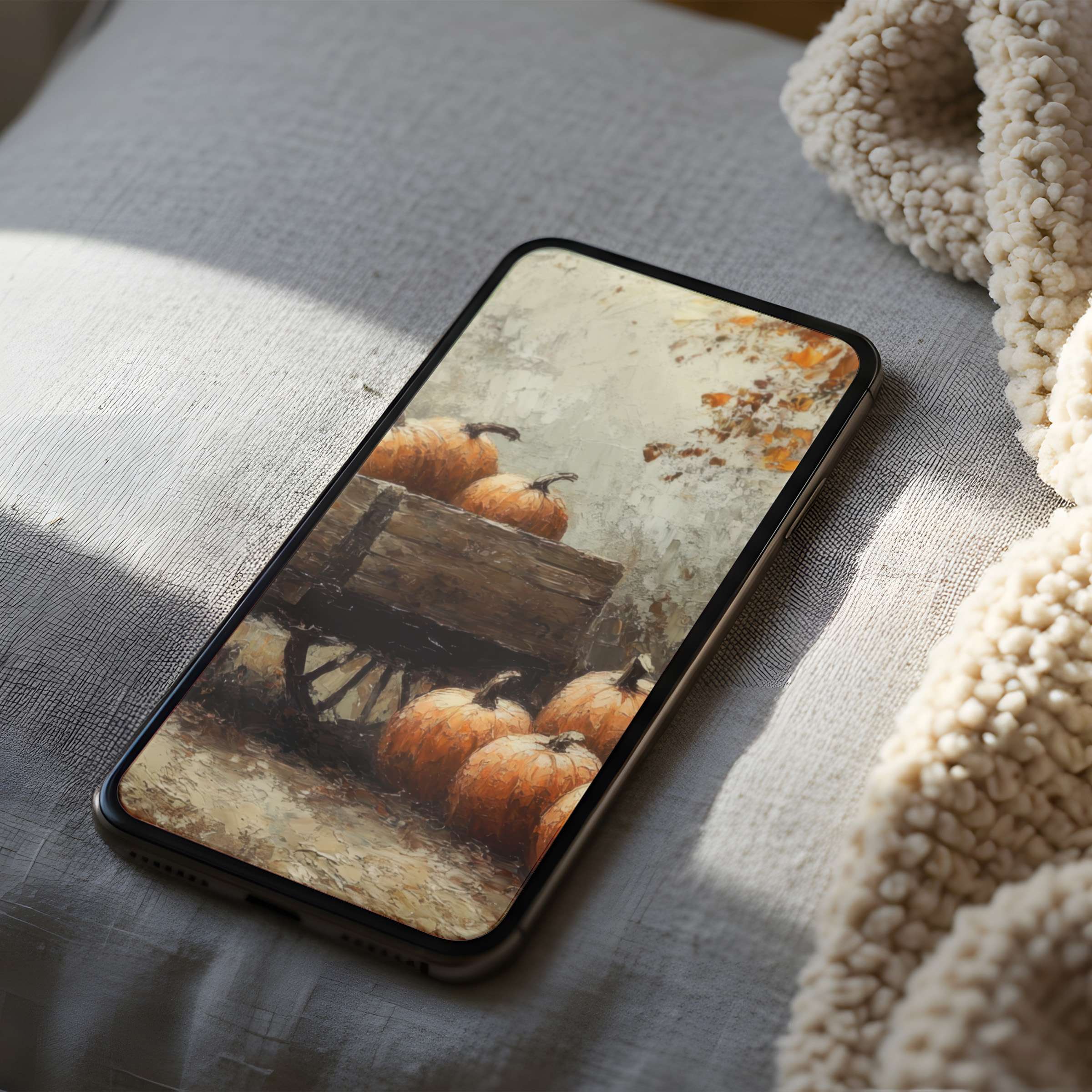 Cozy phone wallpaper featuring a quaint autumn scene with pumpkins in rustic style, perfect for iPhone and android, high resolution download
