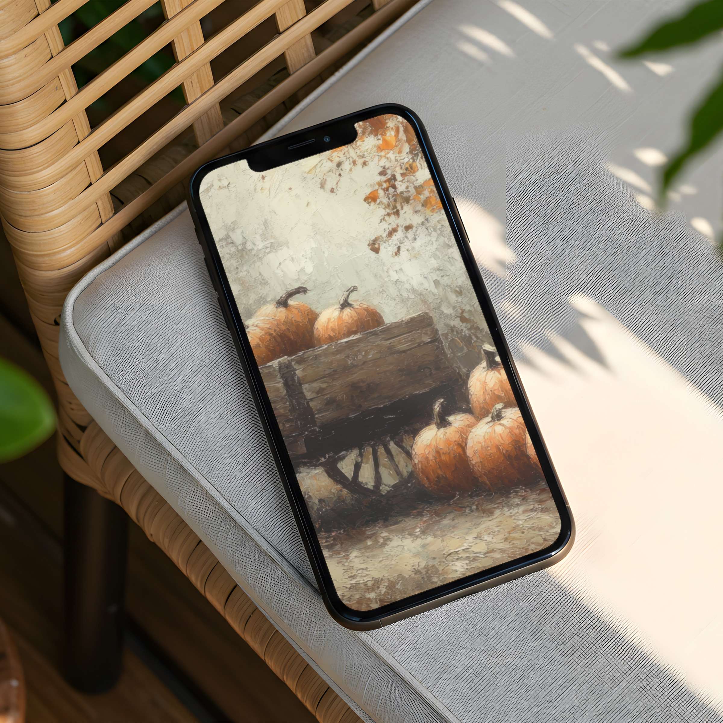 Elegant iPhone background with rustic pumpkins in a wooden cart evokes autumnal calmness, ideal for instant download on any phone