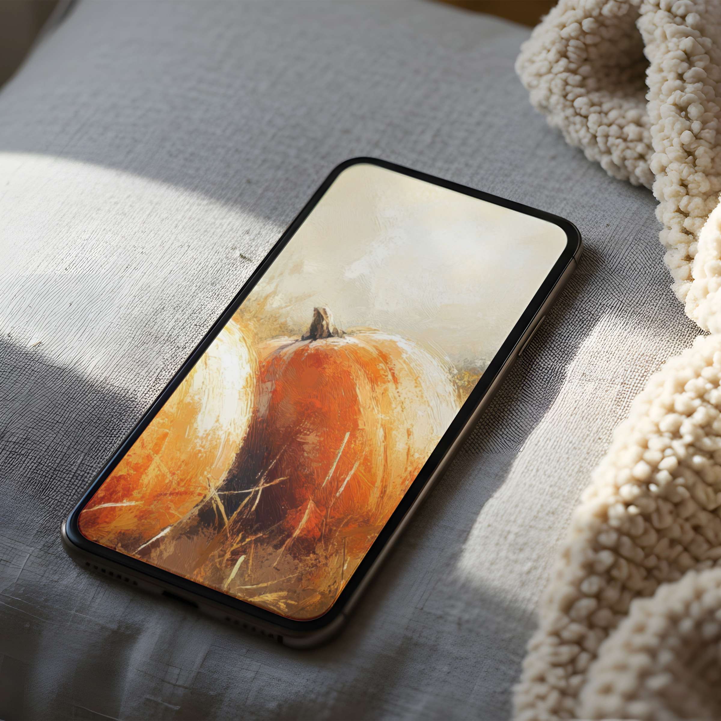 Elegant phone wallpaper with warm, artistic pumpkins brings a cozy autumn vibe, suitable for iPhone and Android digital download