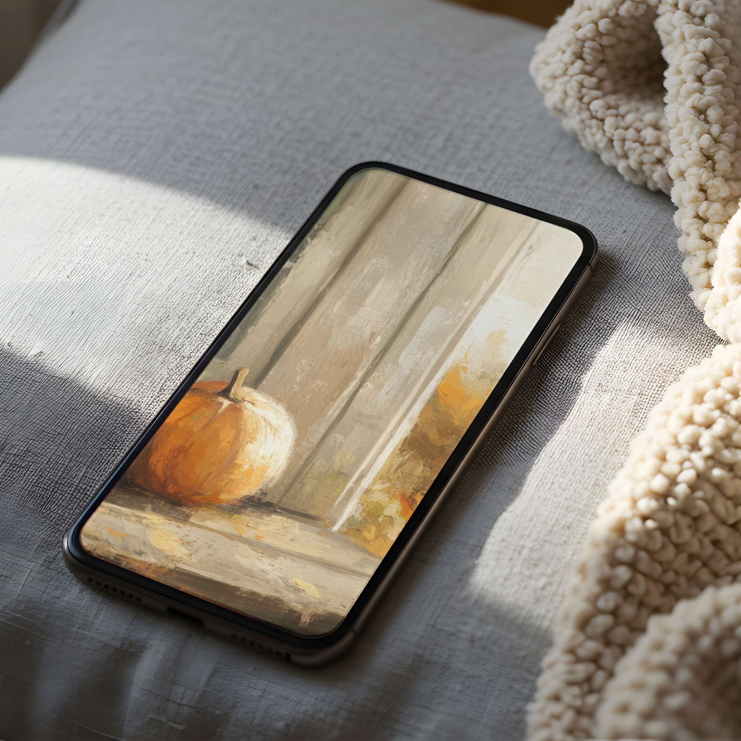 Elegant fall-themed phone wallpaper featuring an impressionistic pumpkin design for iPhone and Android, offering tranquility and style
