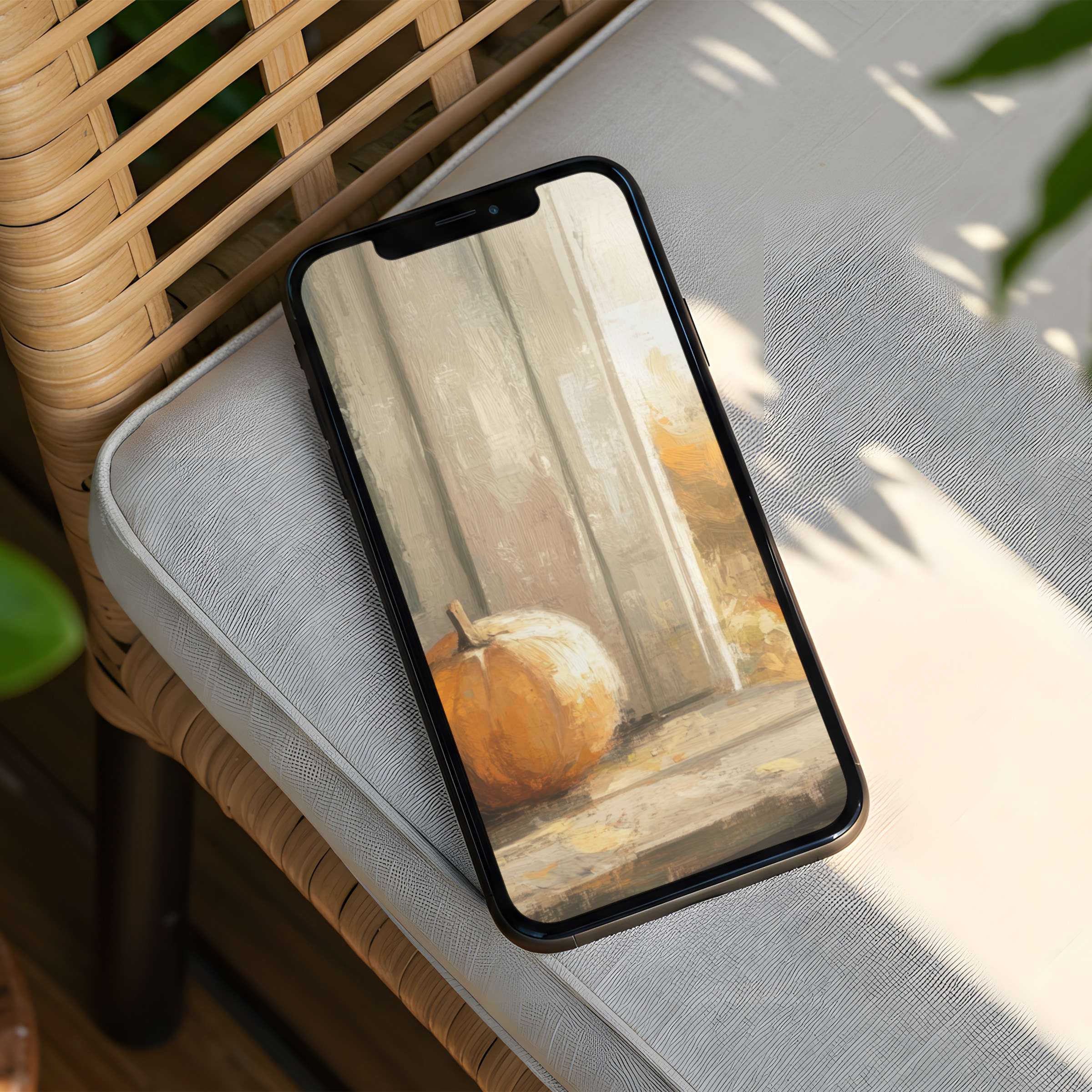 Elegant iPhone background featuring a serene autumn scene with pumpkins on rustic wood evokes calm and inspiration instant download for phone