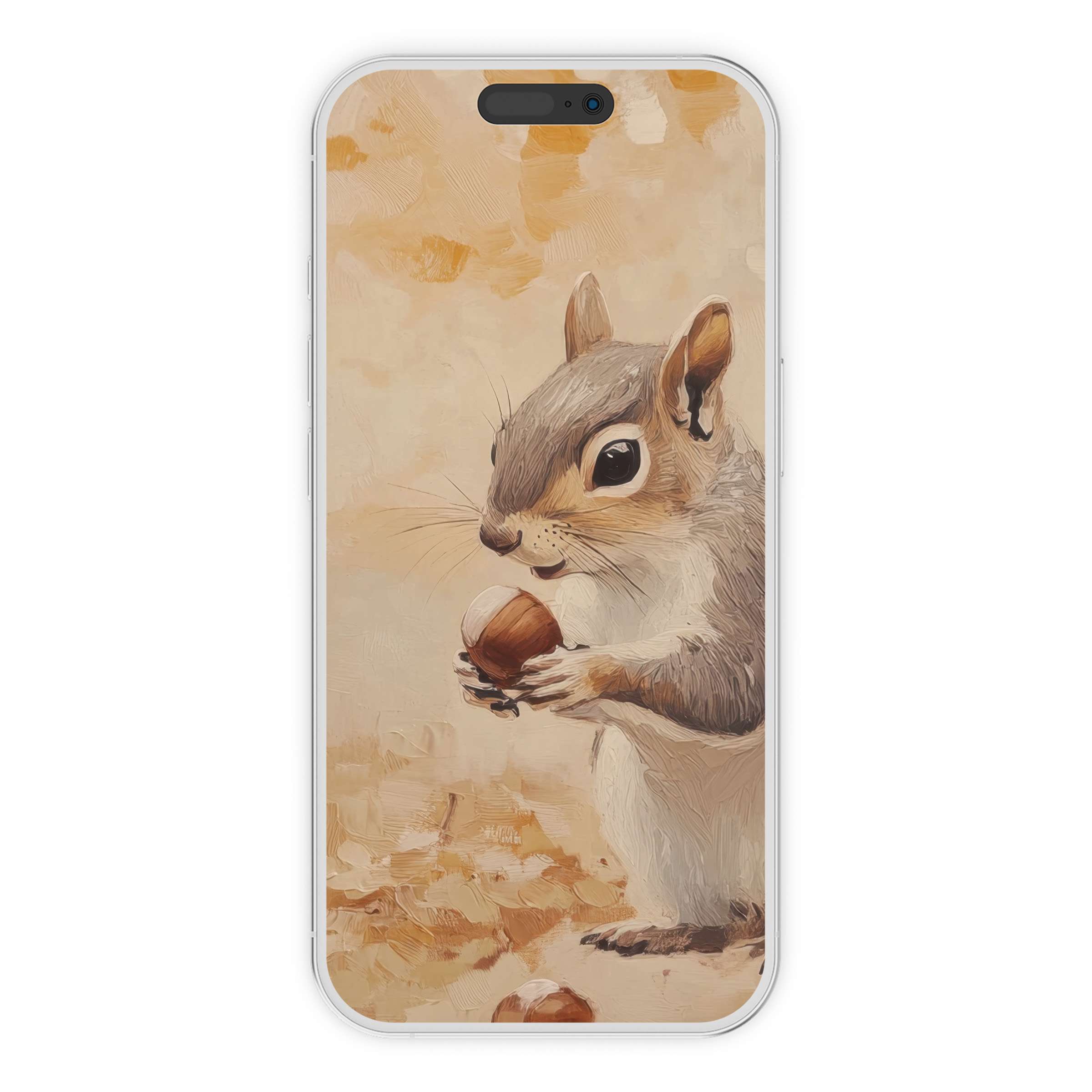Fall iPhone wallpaper digital download featuring a charming squirrel holding an acorn on a warm, textured background for phone elegance