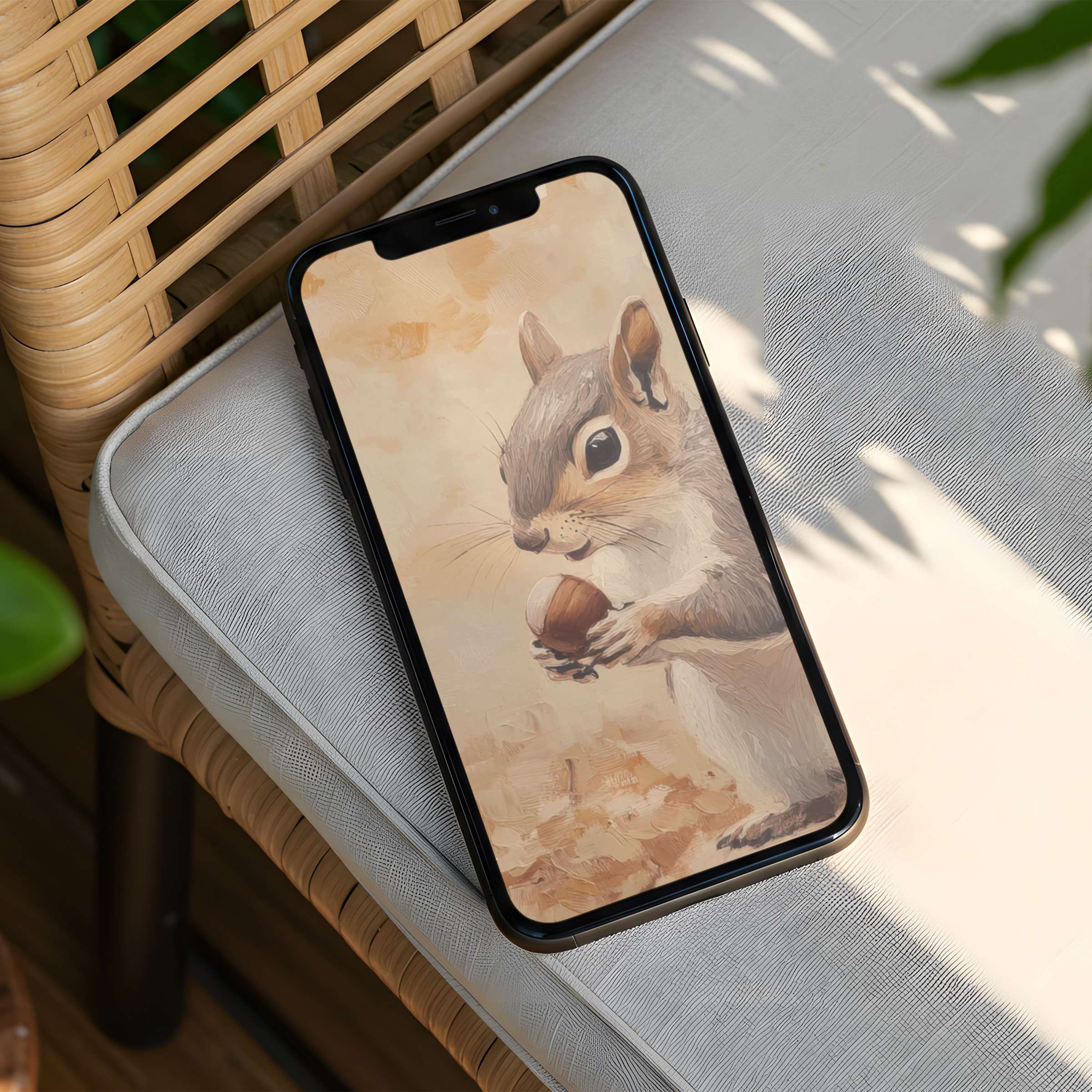 Calm and elegant iPhone background featuring a watercolor squirrel with acorn for instant download to your phone and tablets