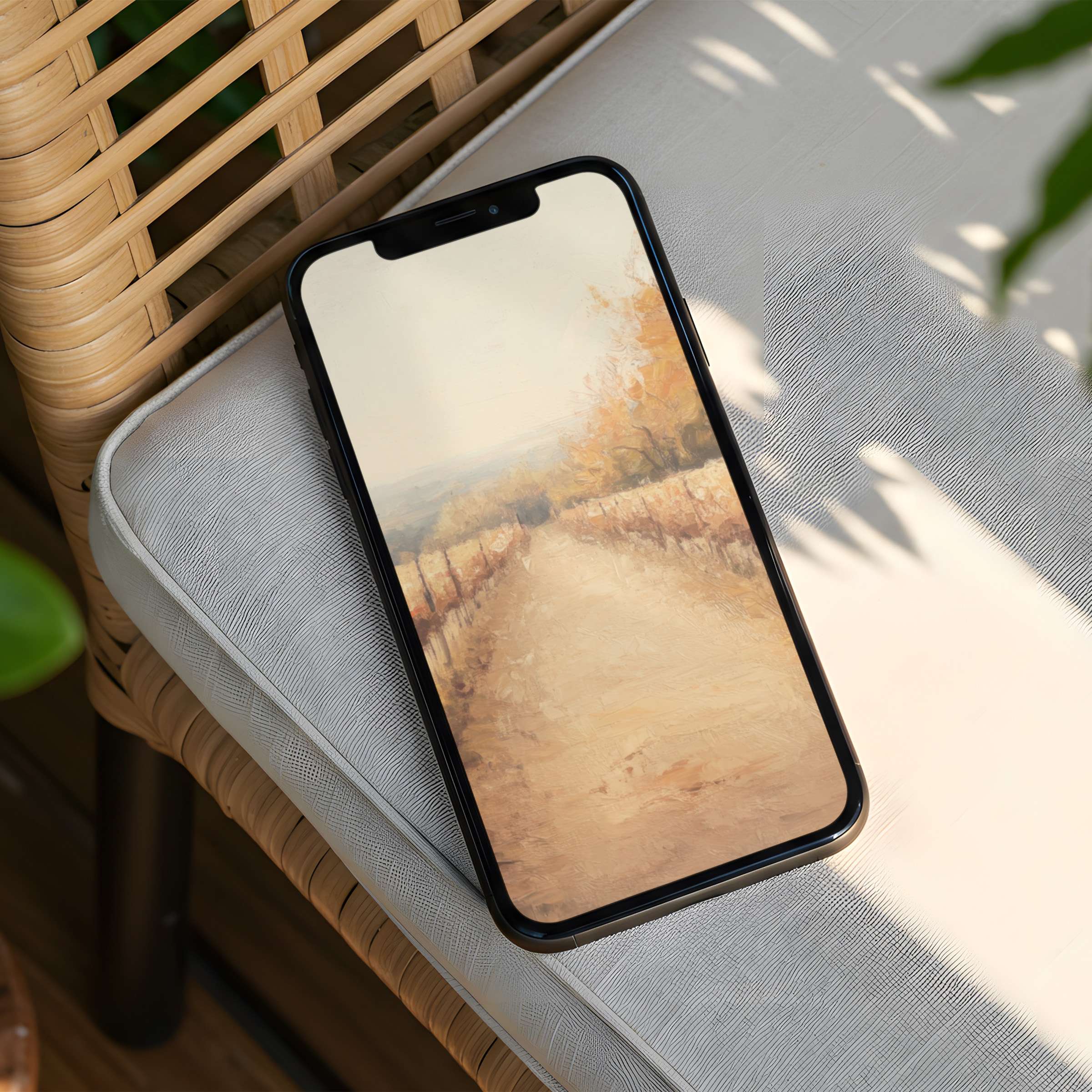 Warm-toned landscape painting on iPhone background evokes calm elegance for instant download on any phone enhancing mindfulness