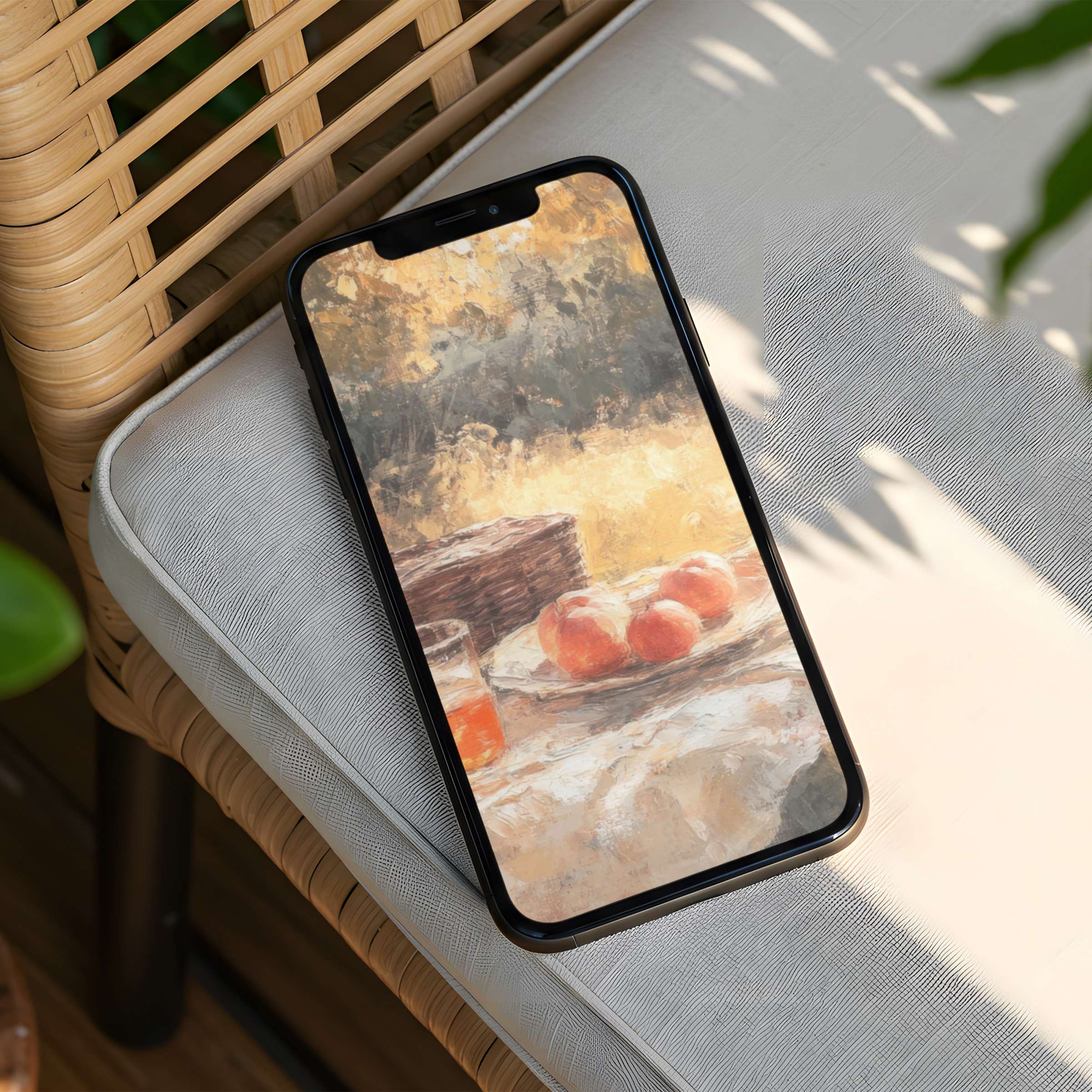 Elegant iPhone background featuring a serene still life with peaches and warm tones perfect for instant download to your phone
