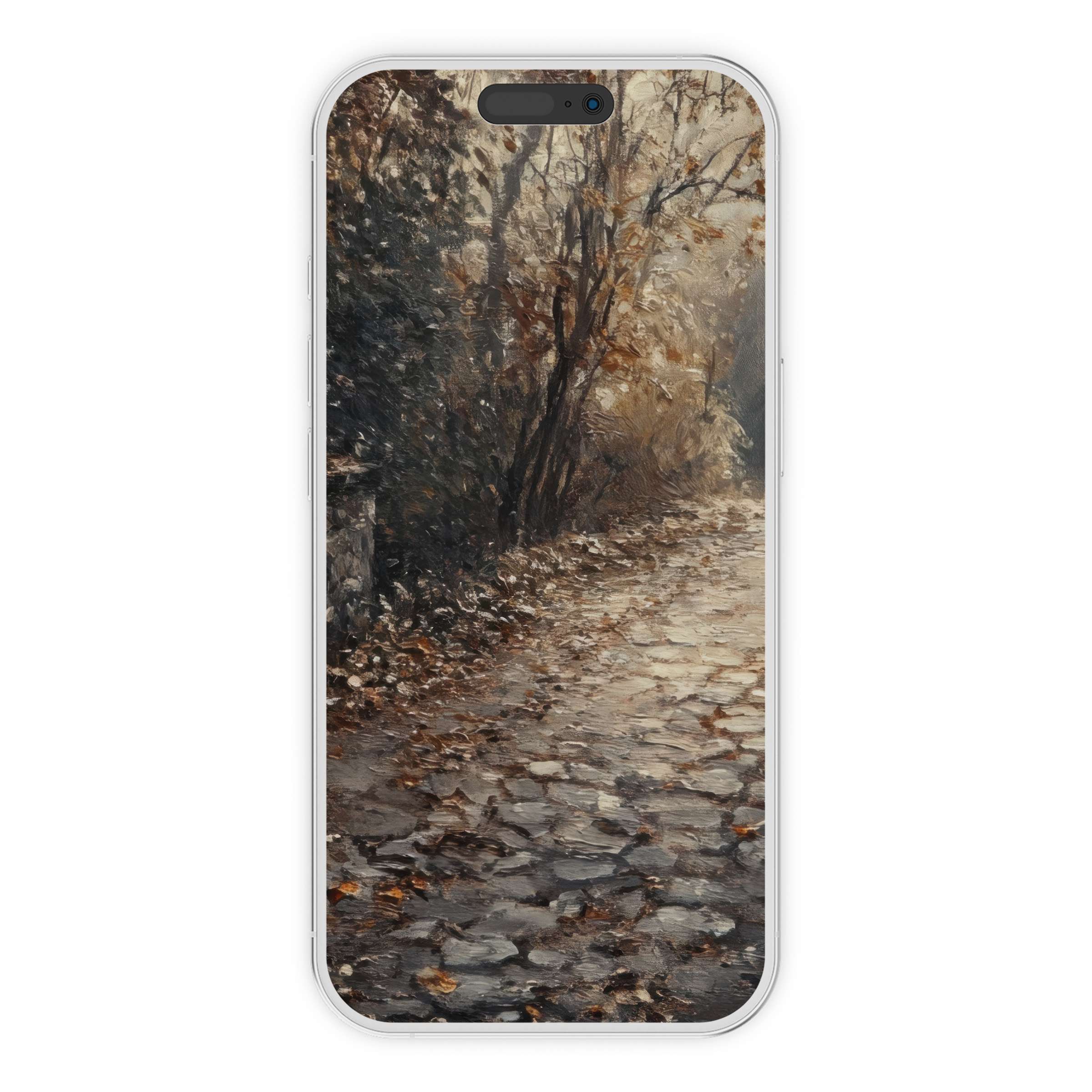 Serene fall iPhone wallpaper features a digital download of a tranquil, textured path, perfect for phone background, enhancing calm