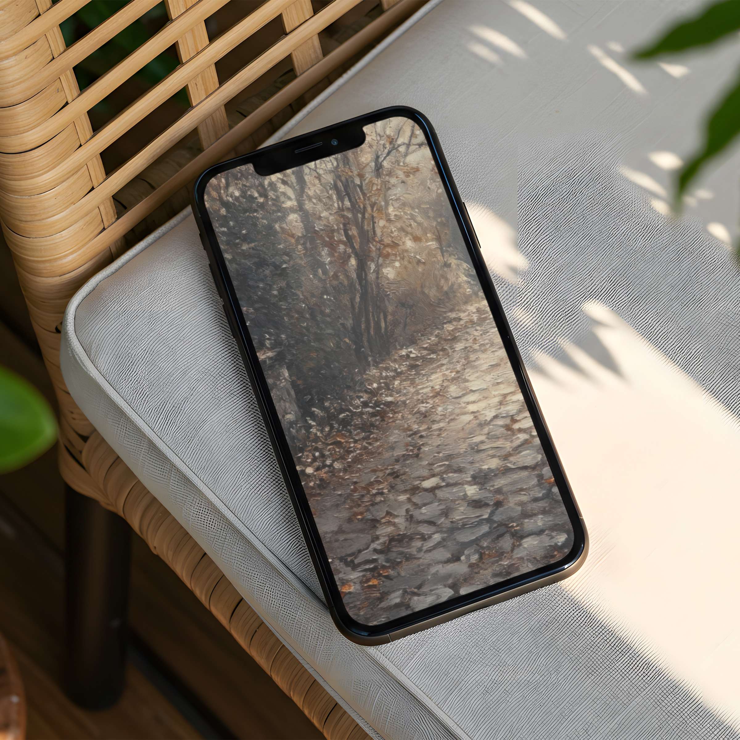 Elegant iPhone background showcasing a serene autumn path offers calm and inspiration instant download fits all phone screens