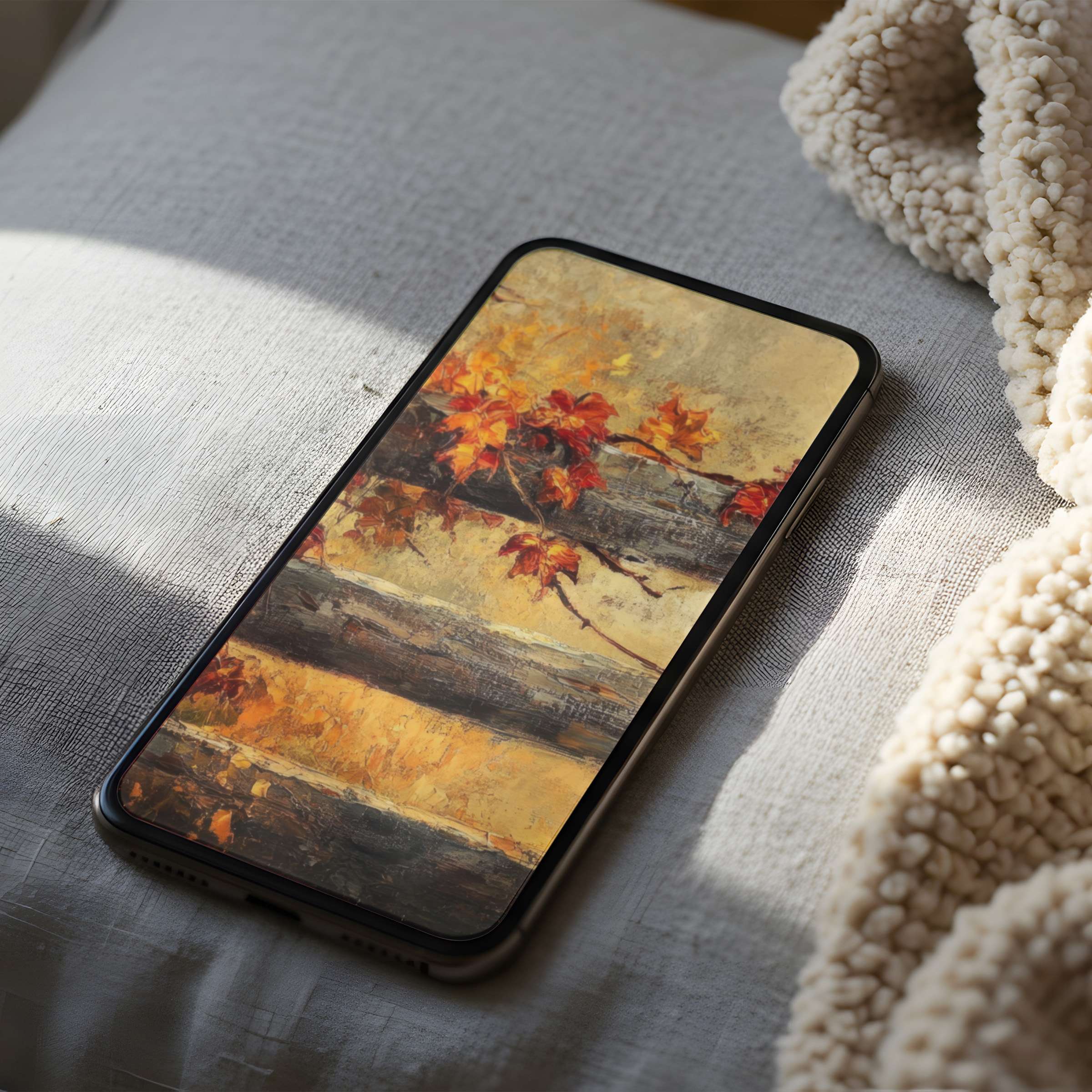 Elegant phone wallpaper showcasing autumn leaves in rich orange hues, perfect for iPhone or Android Download this curated high-resolution art