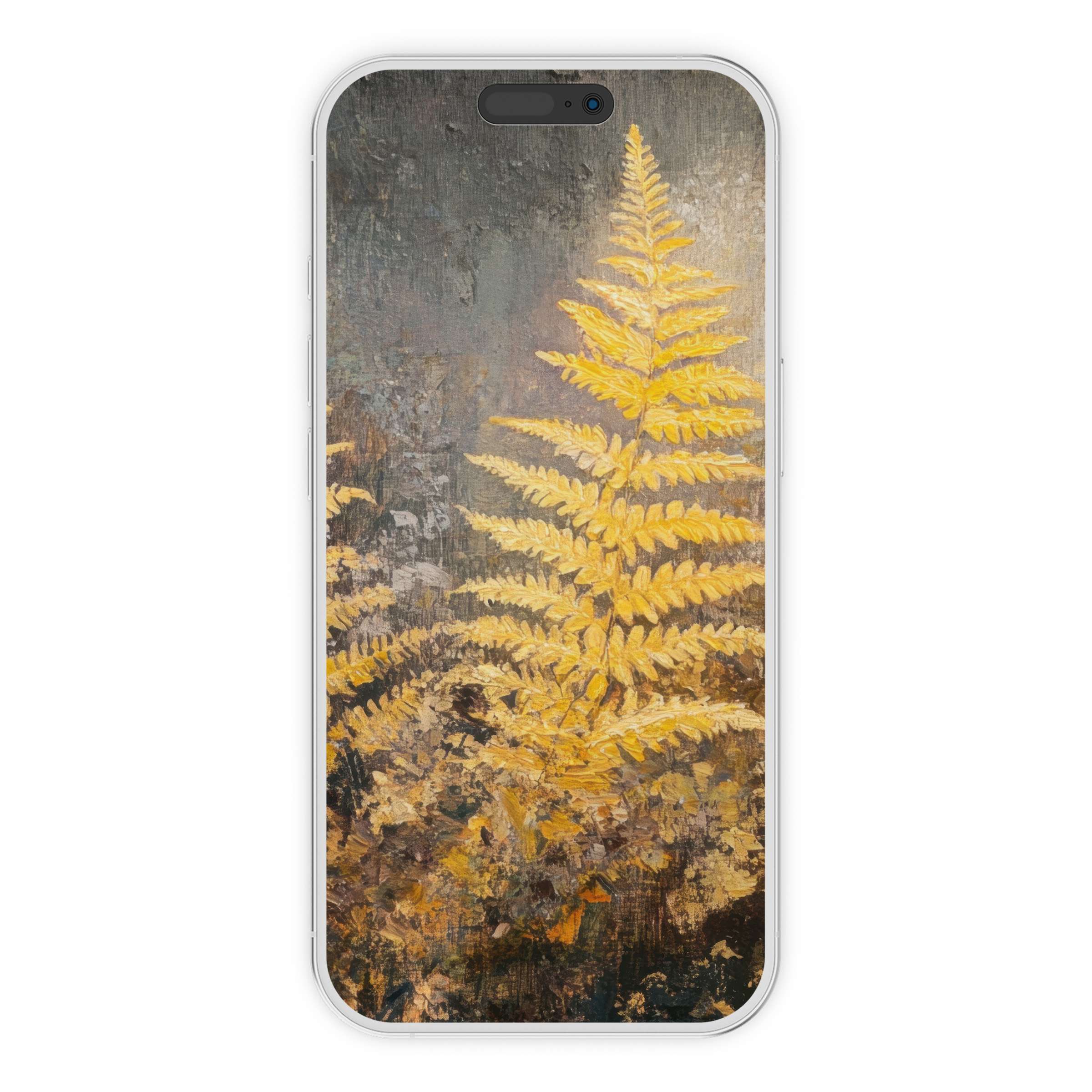 Elegant fall iPhone wallpaper featuring golden ferns on a textured background, perfect digital download for serene phone aesthetics