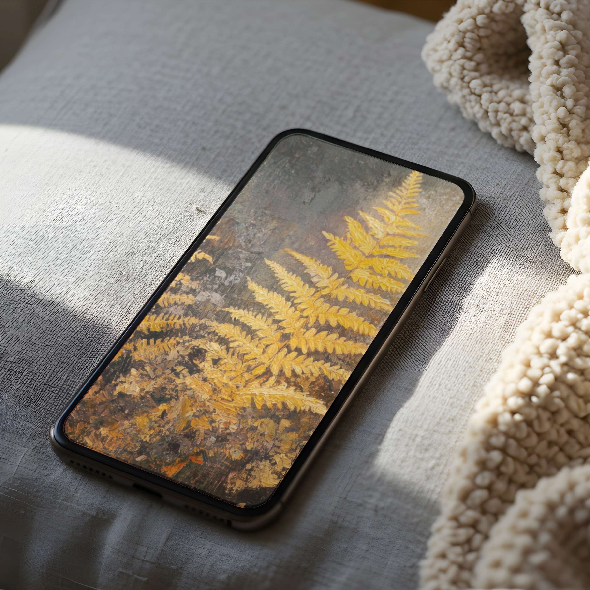 Elegant phone wallpaper featuring golden ferns on a textured background adds calm and sophistication to your high resolution iPhone or android
