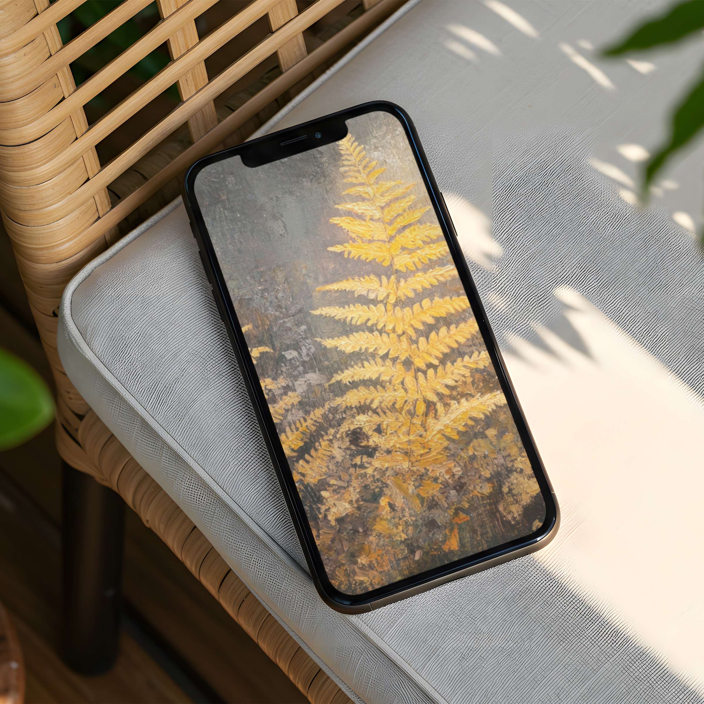 Yellow fern art iPhone background evokes calm and elegance for instant download on any phone, enhancing mindfulness and inspiration