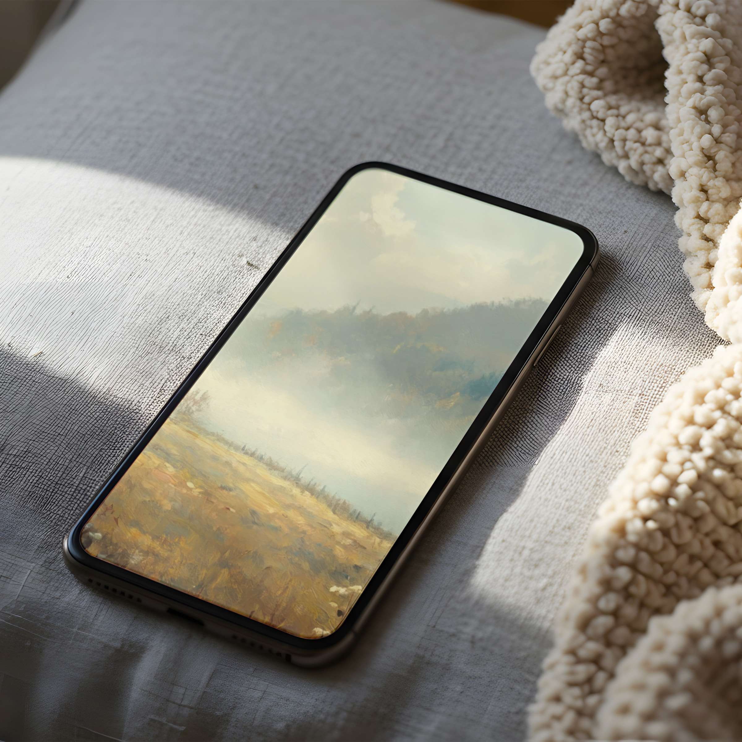 Calming phone wallpaper featuring a serene landscape in soft pastels, perfect for iPhone and Android high resolution digital download