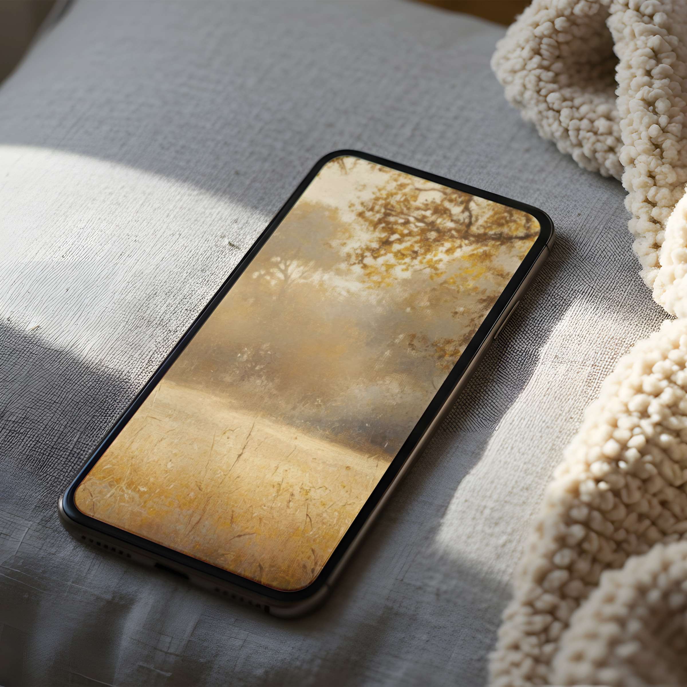 Serene landscape phone wallpaper with soft autumn tones, perfect for iPhone and Android, offering high resolution for a tranquil digital download