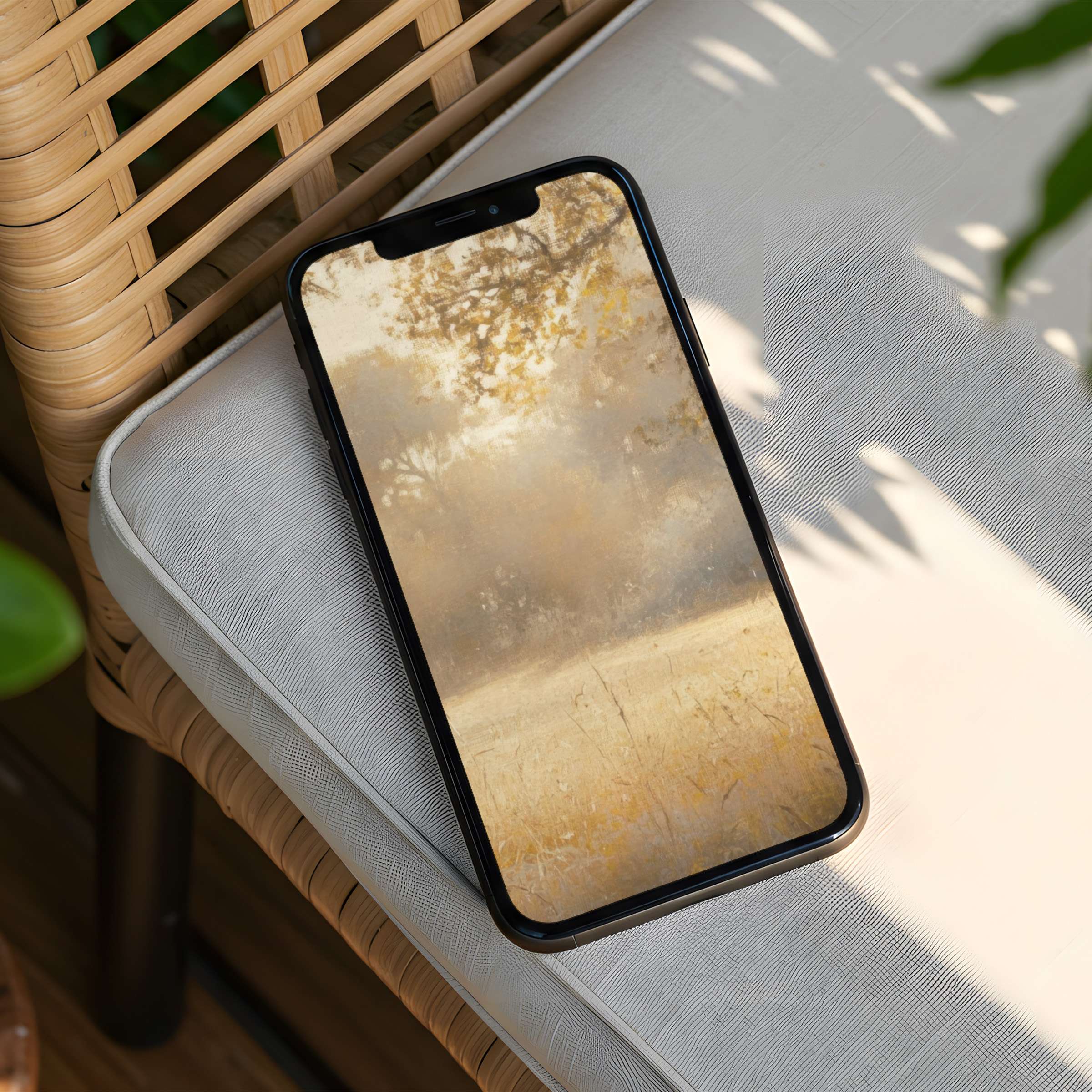 Elegant iPhone background with serene golden hues and trees offering instant download for phone users seeking calm inspiration