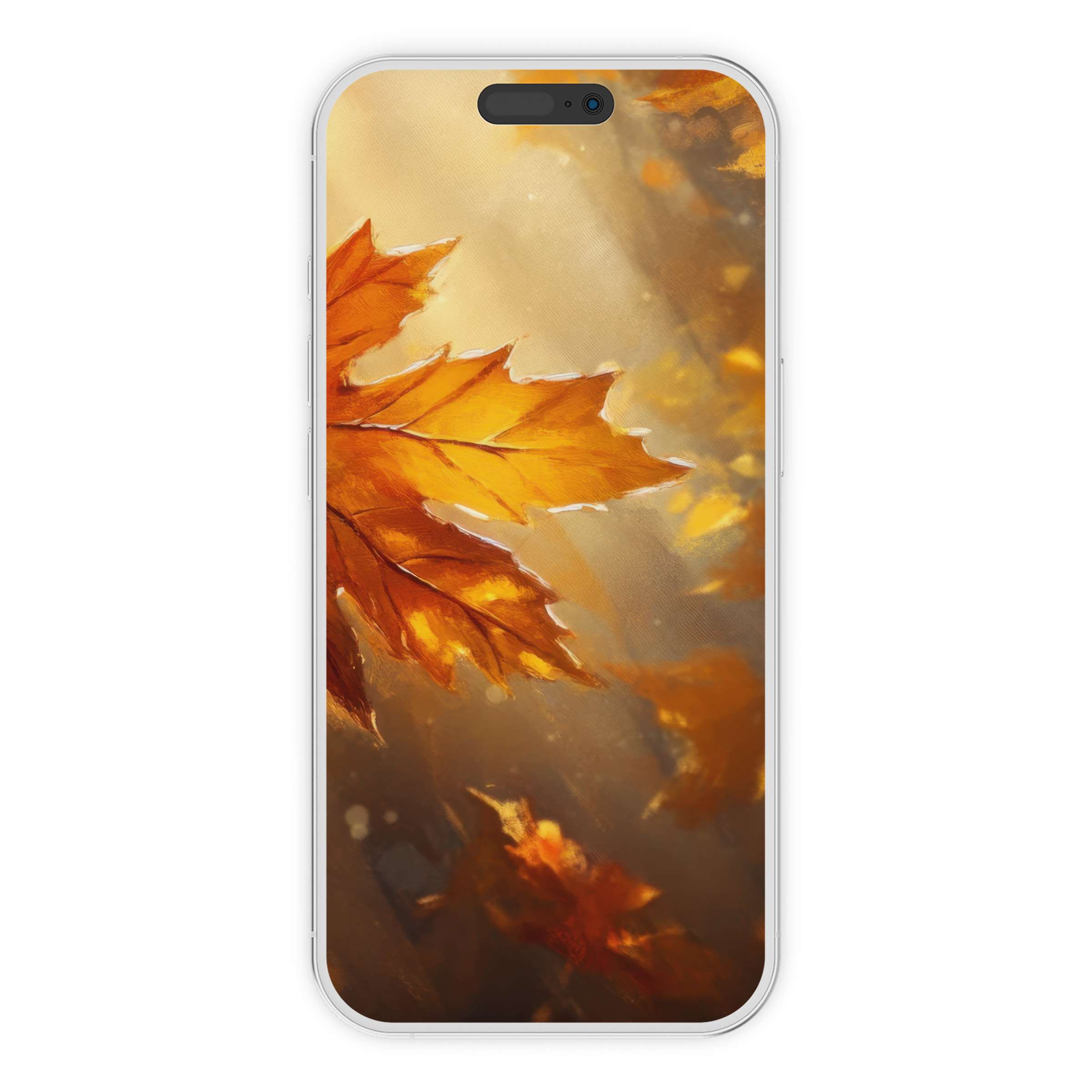 Elegant fall iPhone wallpaper with golden leaves in soft sunlight offers a serene phone background digital download for all devices