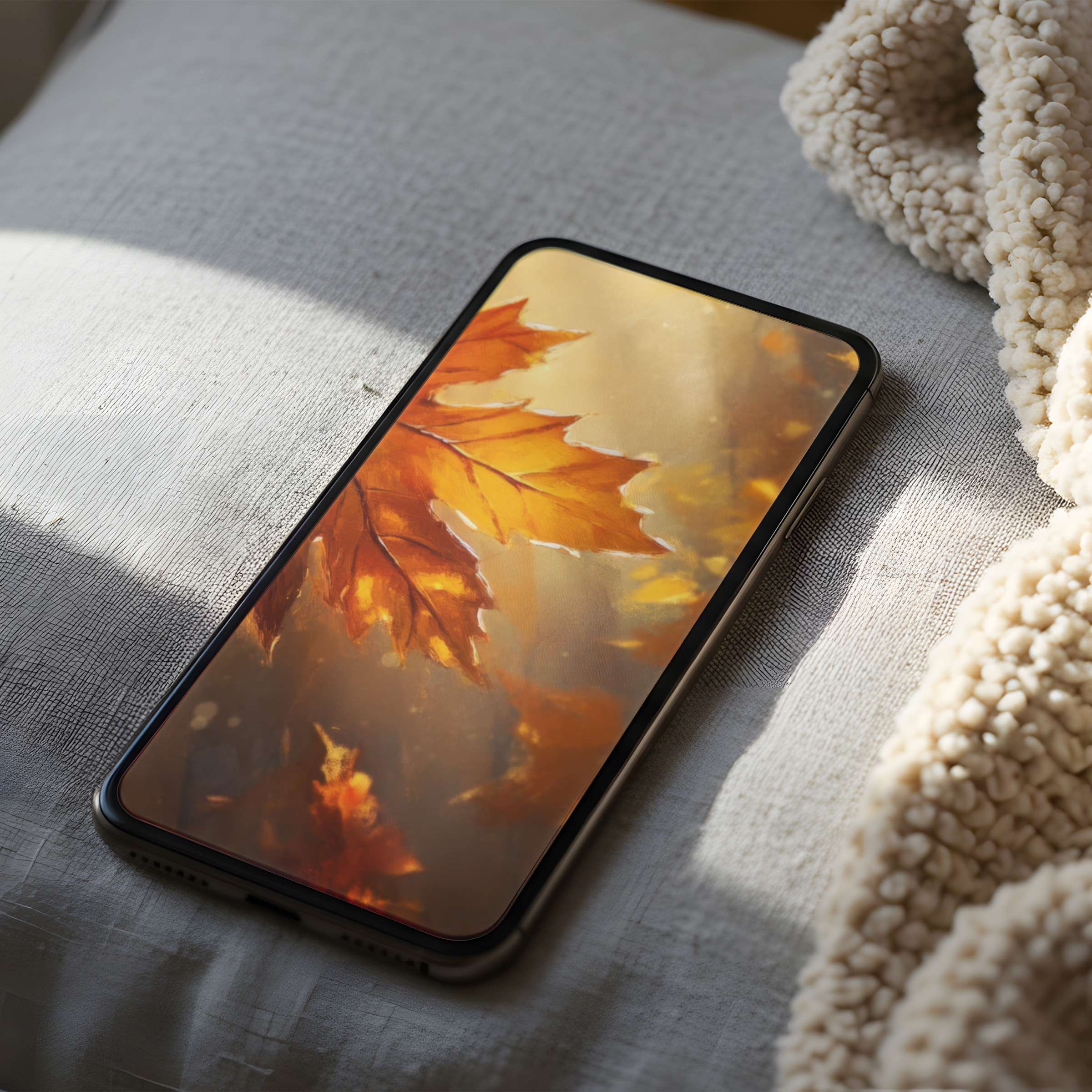 Warm autumn leaves phone wallpaper in high resolution casts a serene glow, perfect for digital download on iPhone and Android