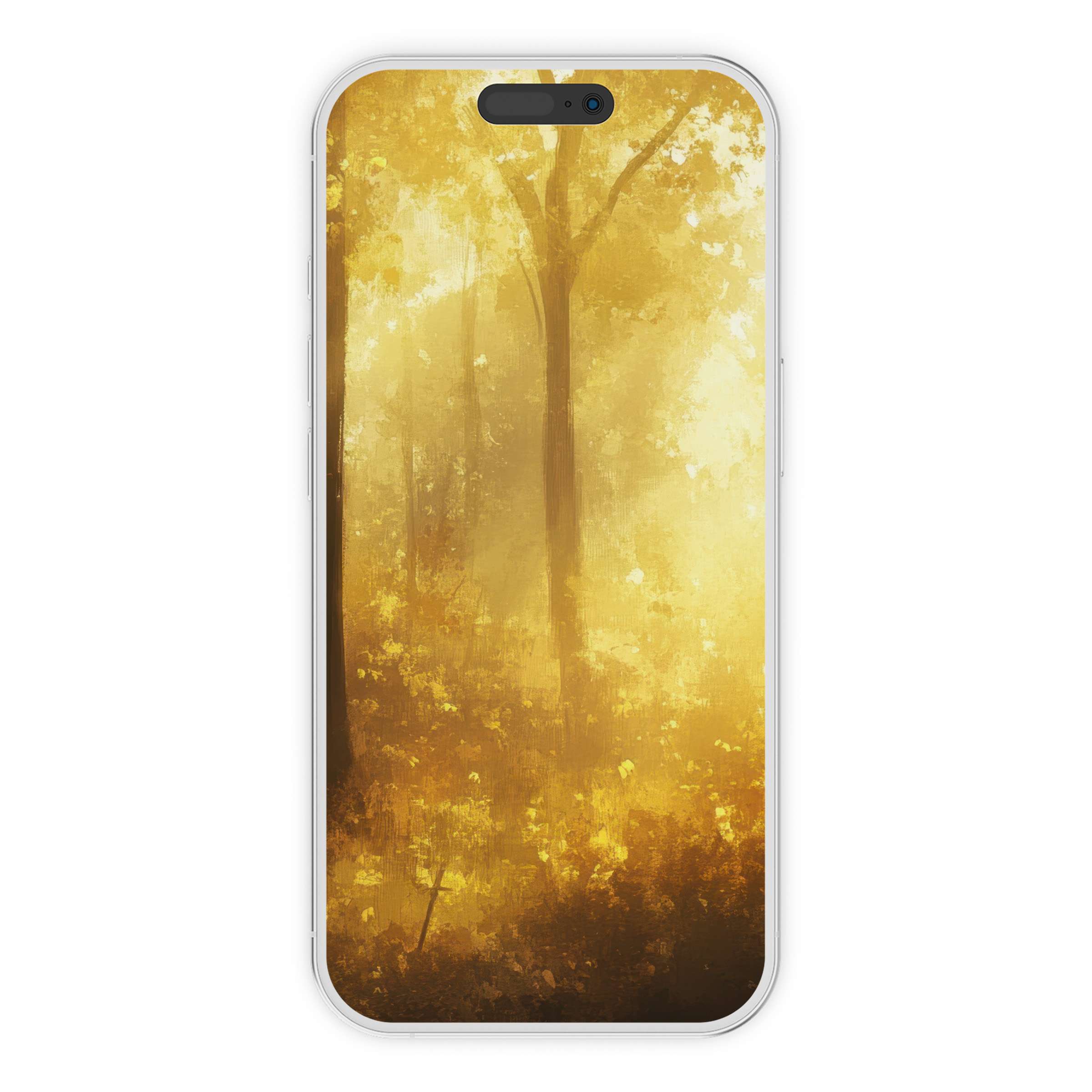 Golden-hued fall iPhone wallpaper evokes serene elegance with its misty forest scene ideal for phone background digital download