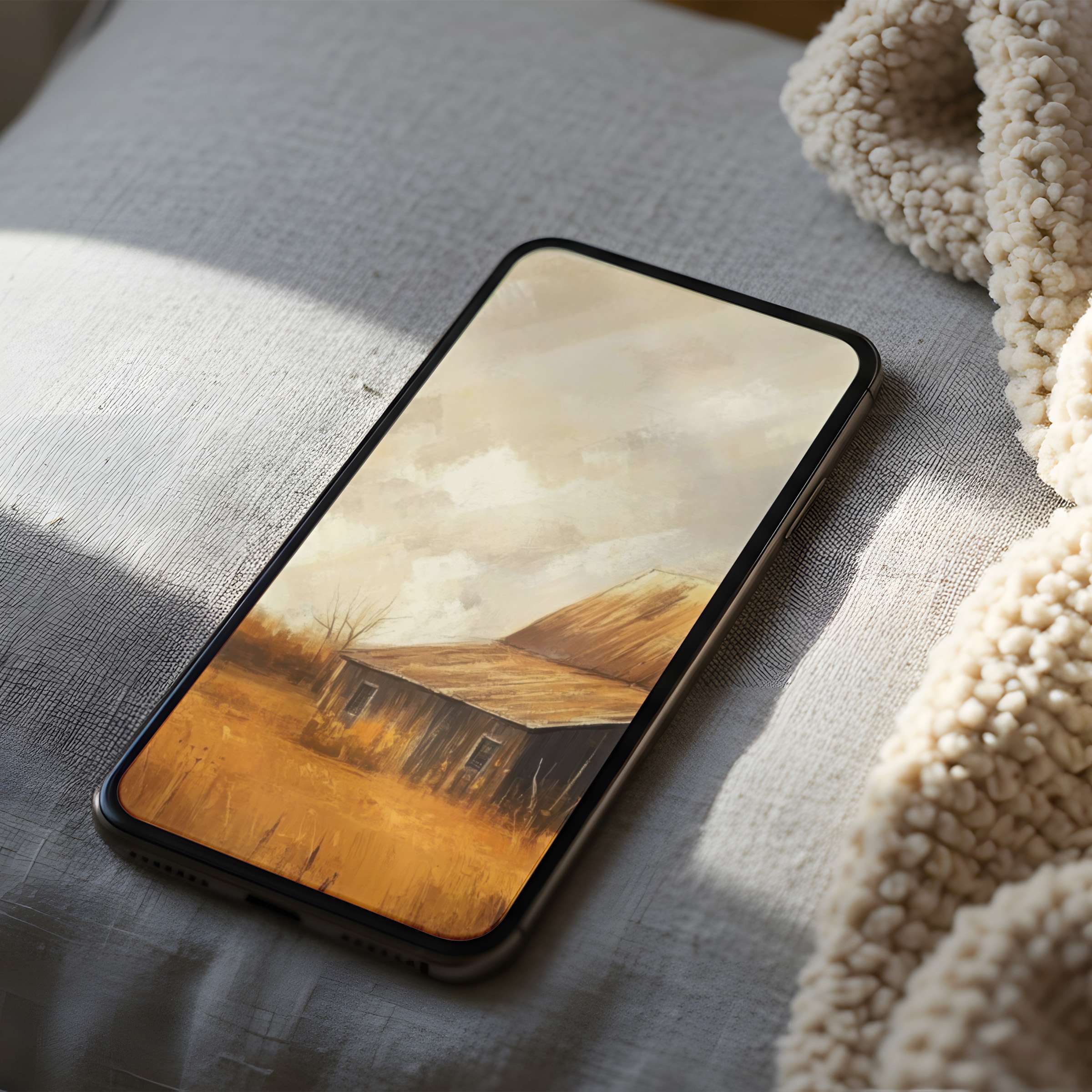 Rustic barn phone wallpaper with warm hues inspires tranquility on a cozy bed High resolution download for iPhone and Android
