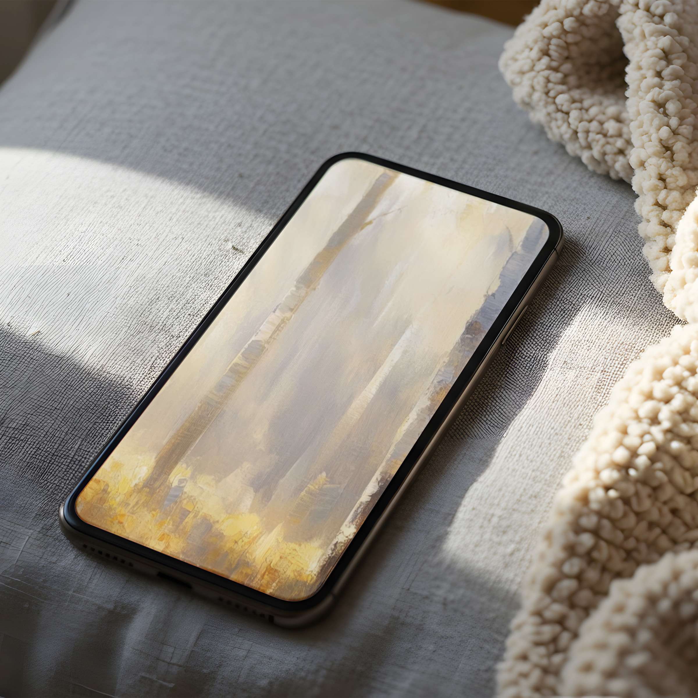 Tranquil abstract phone wallpaper in warm beige and gold tones, perfect for iPhone and Android, enhancing digital serenity and style