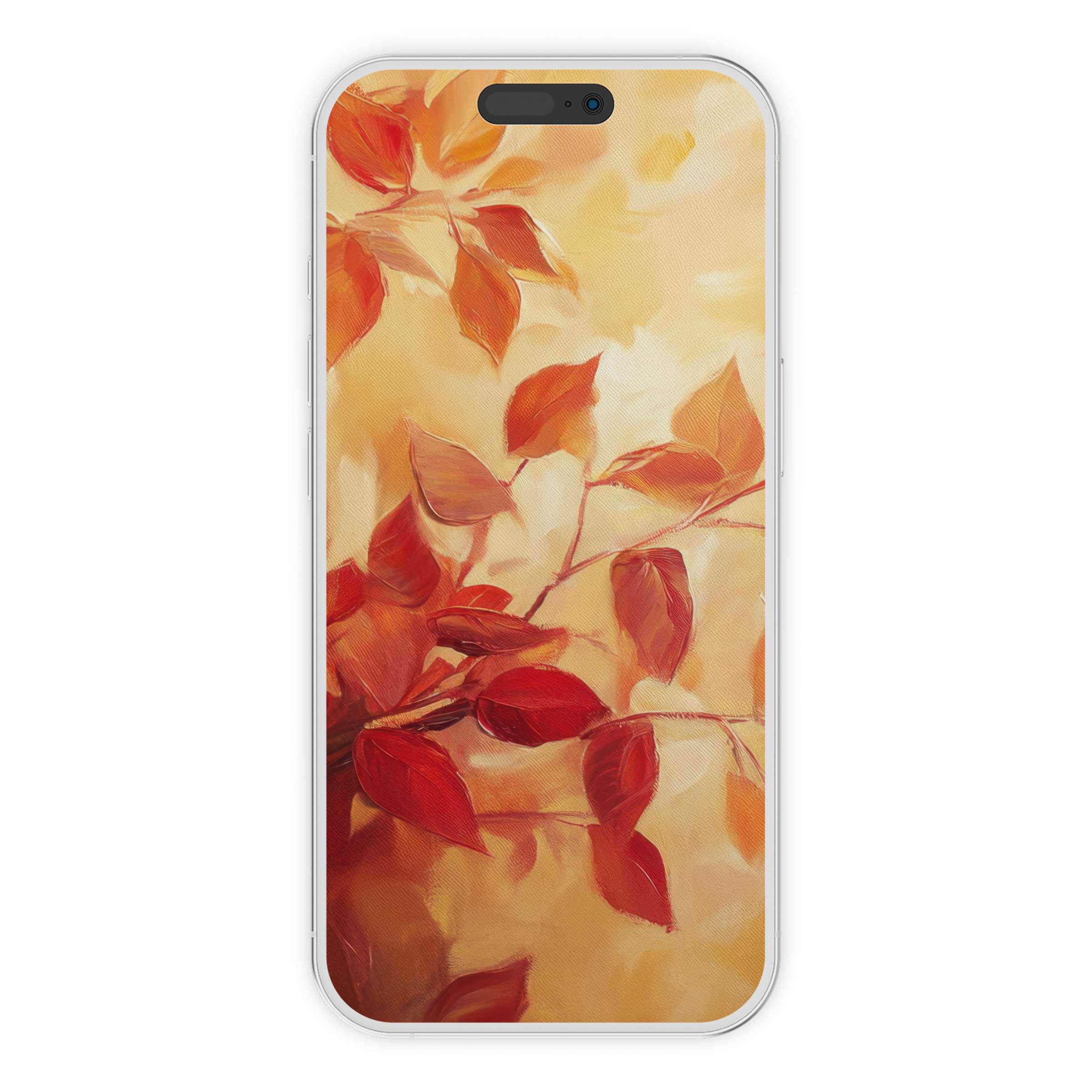 Elegant fall iPhone wallpaper featuring vibrant red leaves on a soft golden background perfect for phone digital download backgrounds