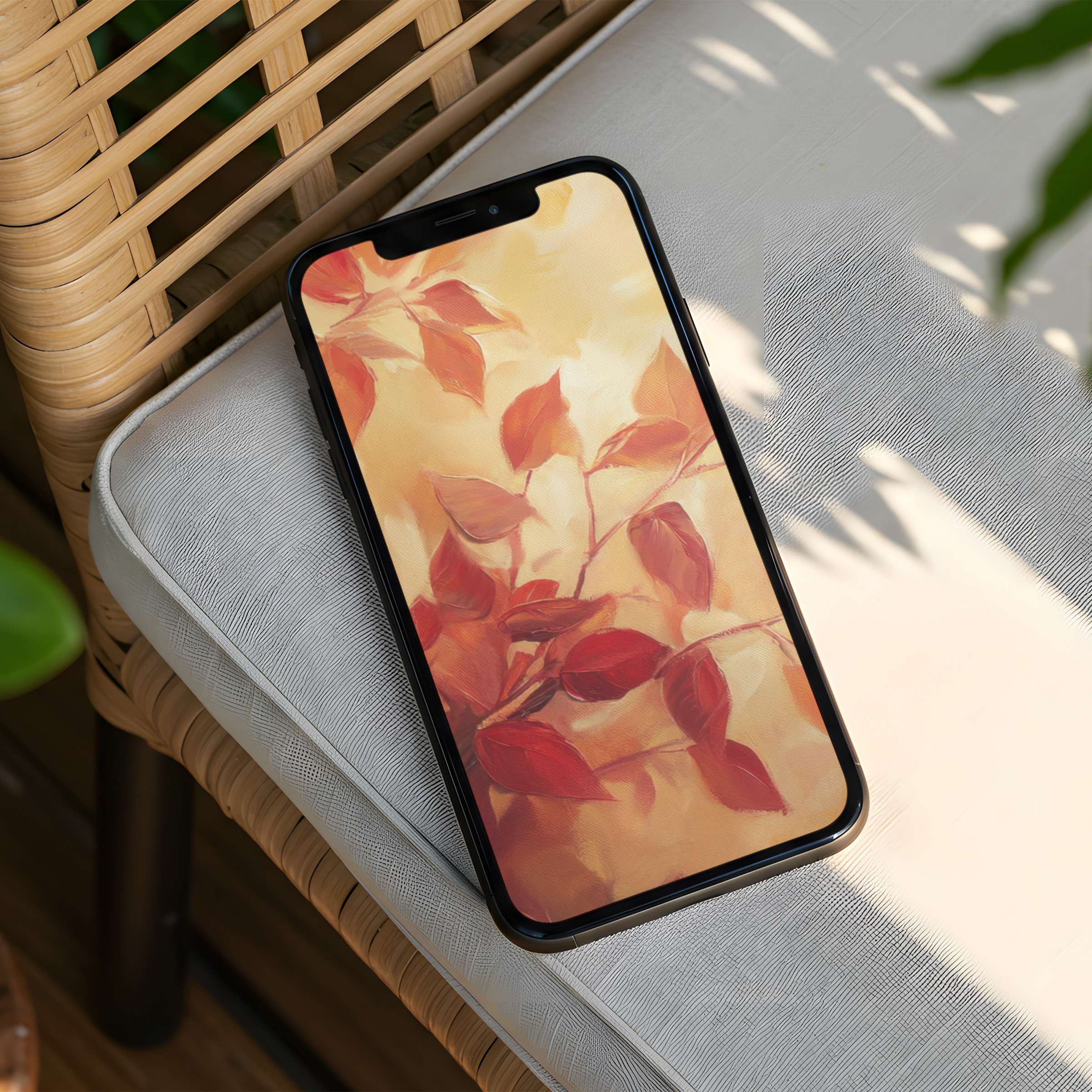 Elegant iPhone background featuring autumn leaves in warm hues available as an instant download for phone mindfulness and inspiration