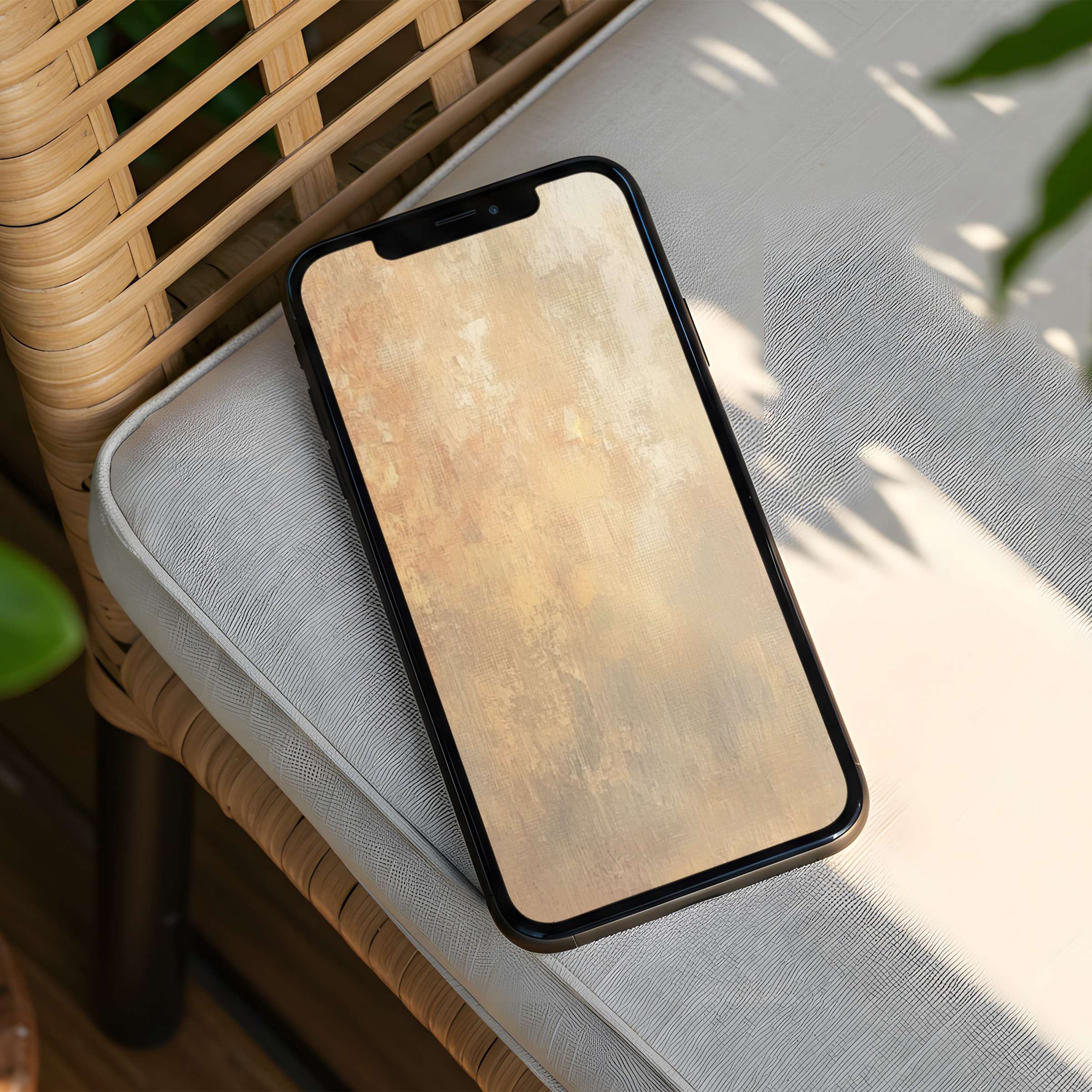 Elegant abstract iPhone background with warm earthy tones on a textured phone screen offers instant download for calm inspiration