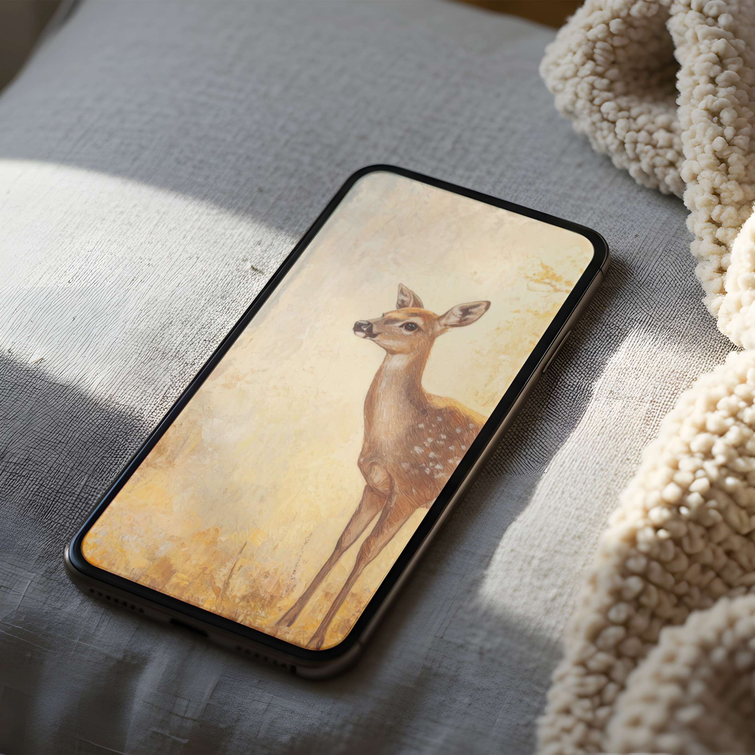 Elegant phone wallpaper featuring a serene deer on a soft beige canvas, perfect for iPhone or Android, offering calm elegance and high resolution charm