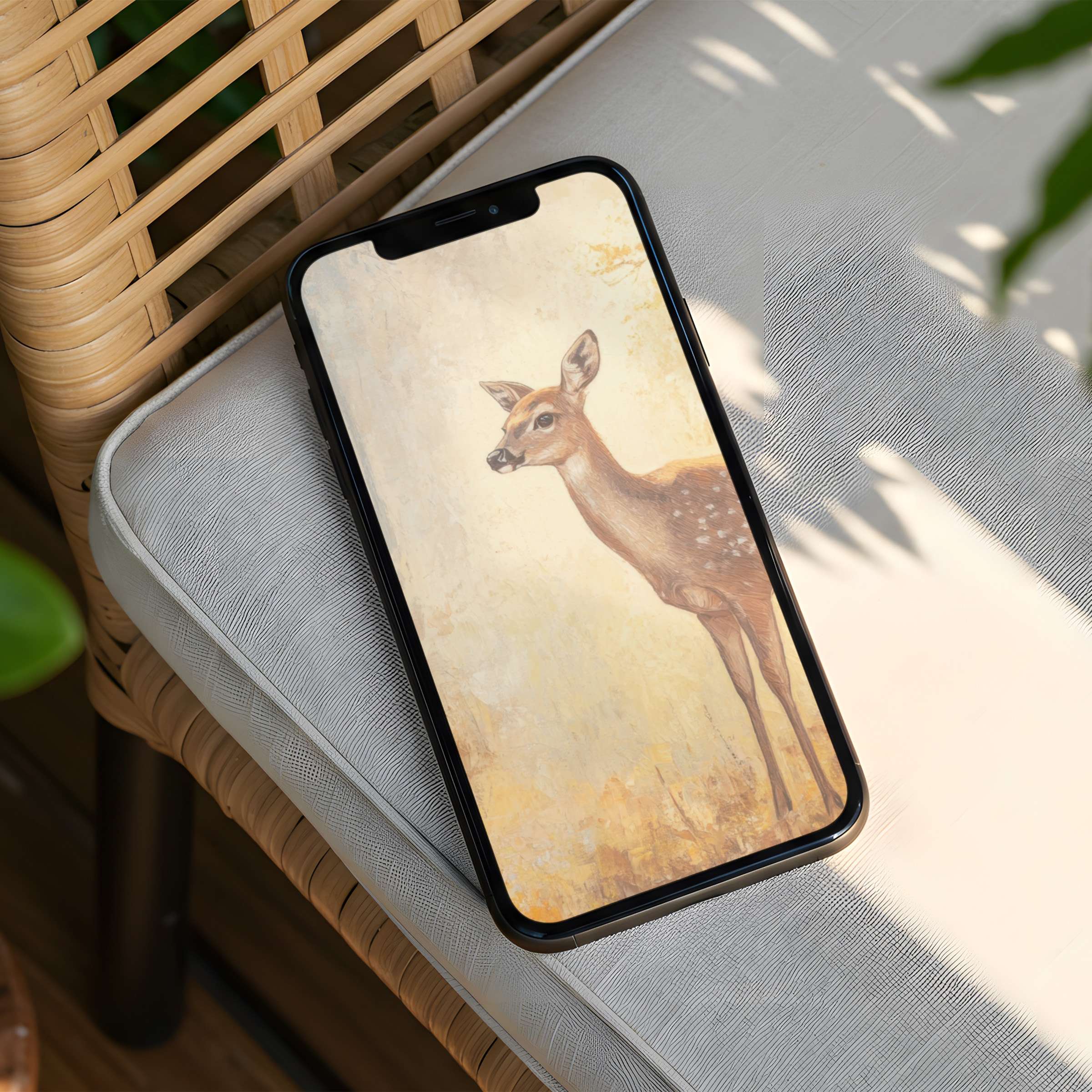 Leather-textured phone featuring a serene deer on a soft pastel iPhone background for instant download calming design lovers