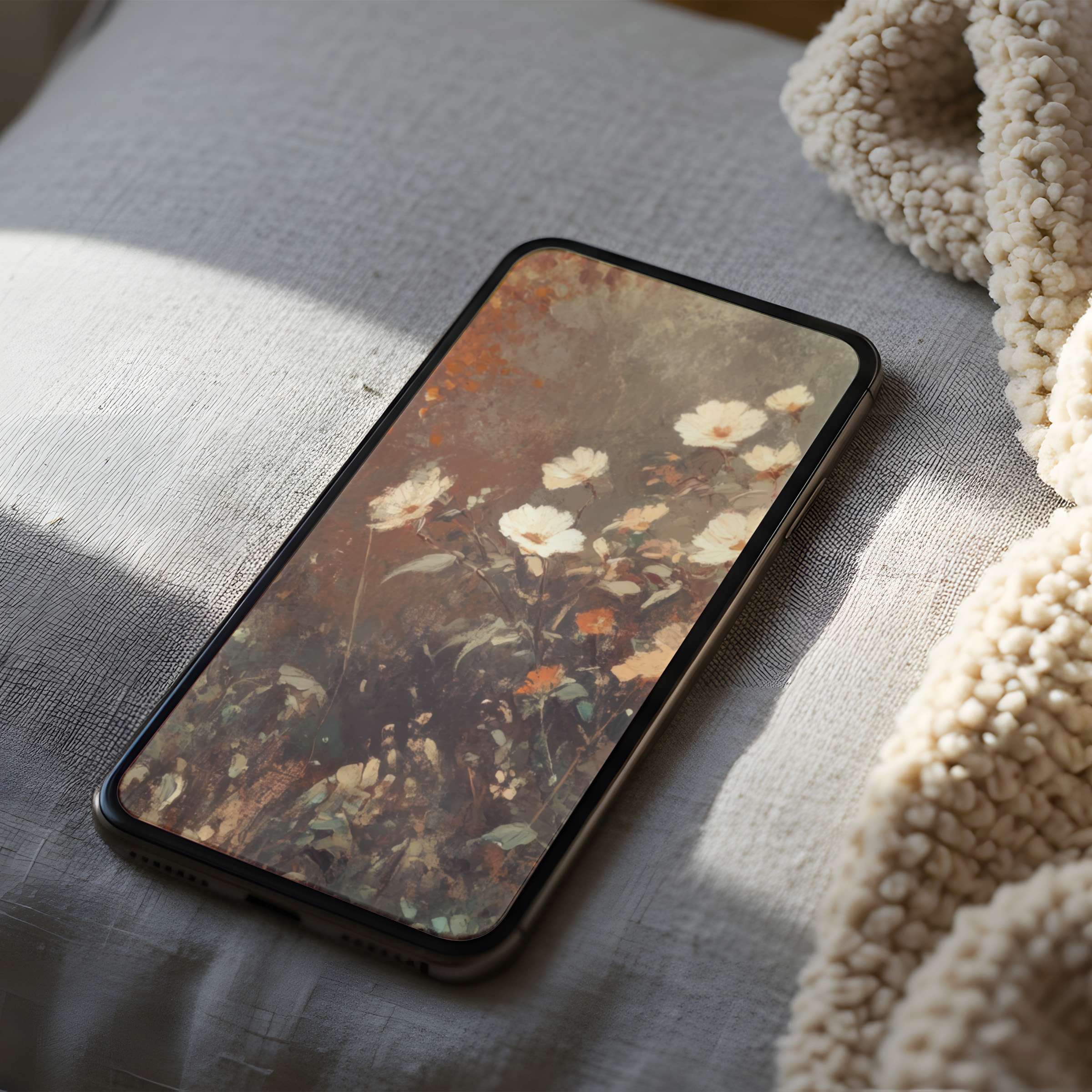 Elegant floral phone wallpaper art in soft earth tones, offering a serene vibe for a curated high-resolution iPhone or Android display