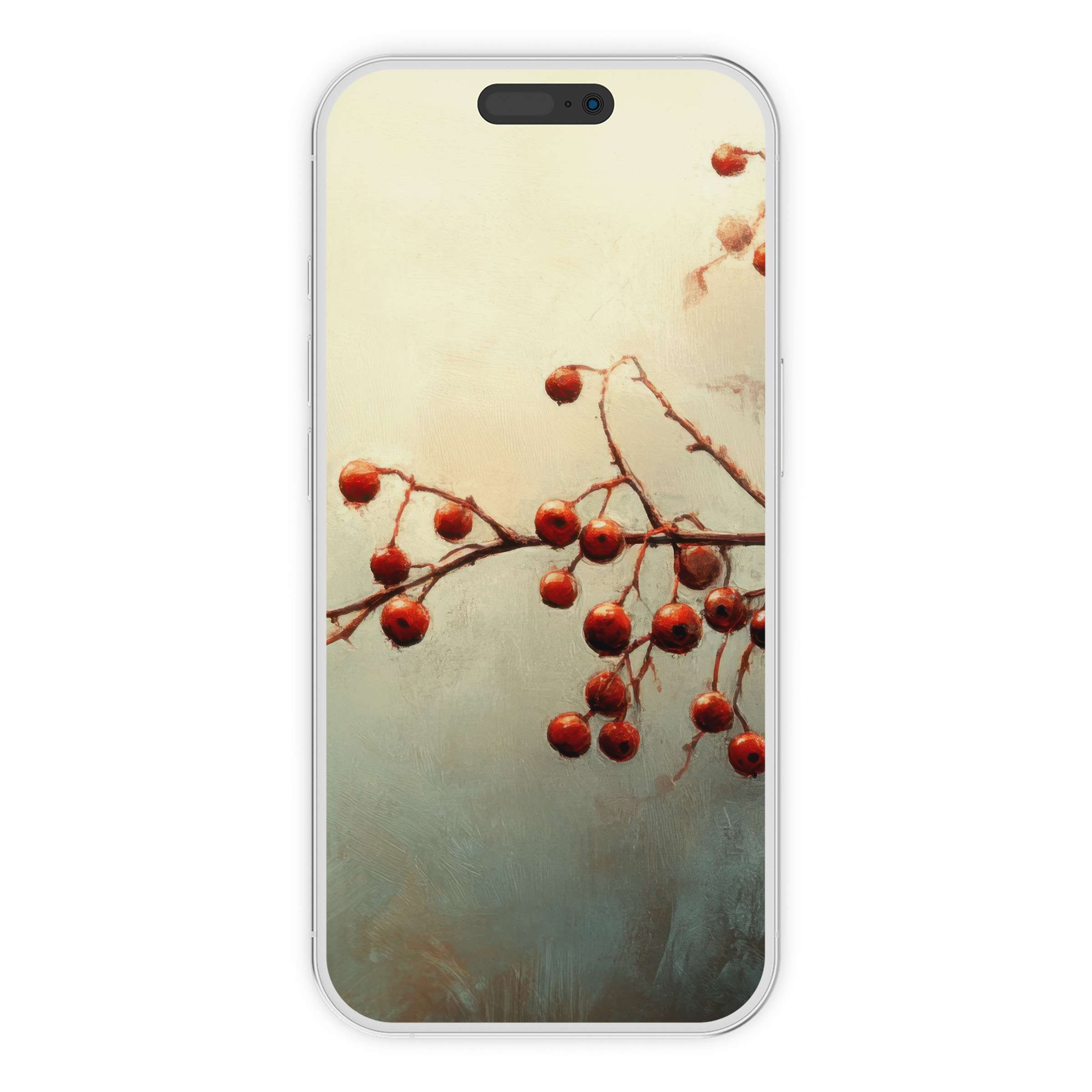 Fall iPhone wallpaper digital download: elegant red berries on a calm, textured background suitable for phones, embodying autumn serenity