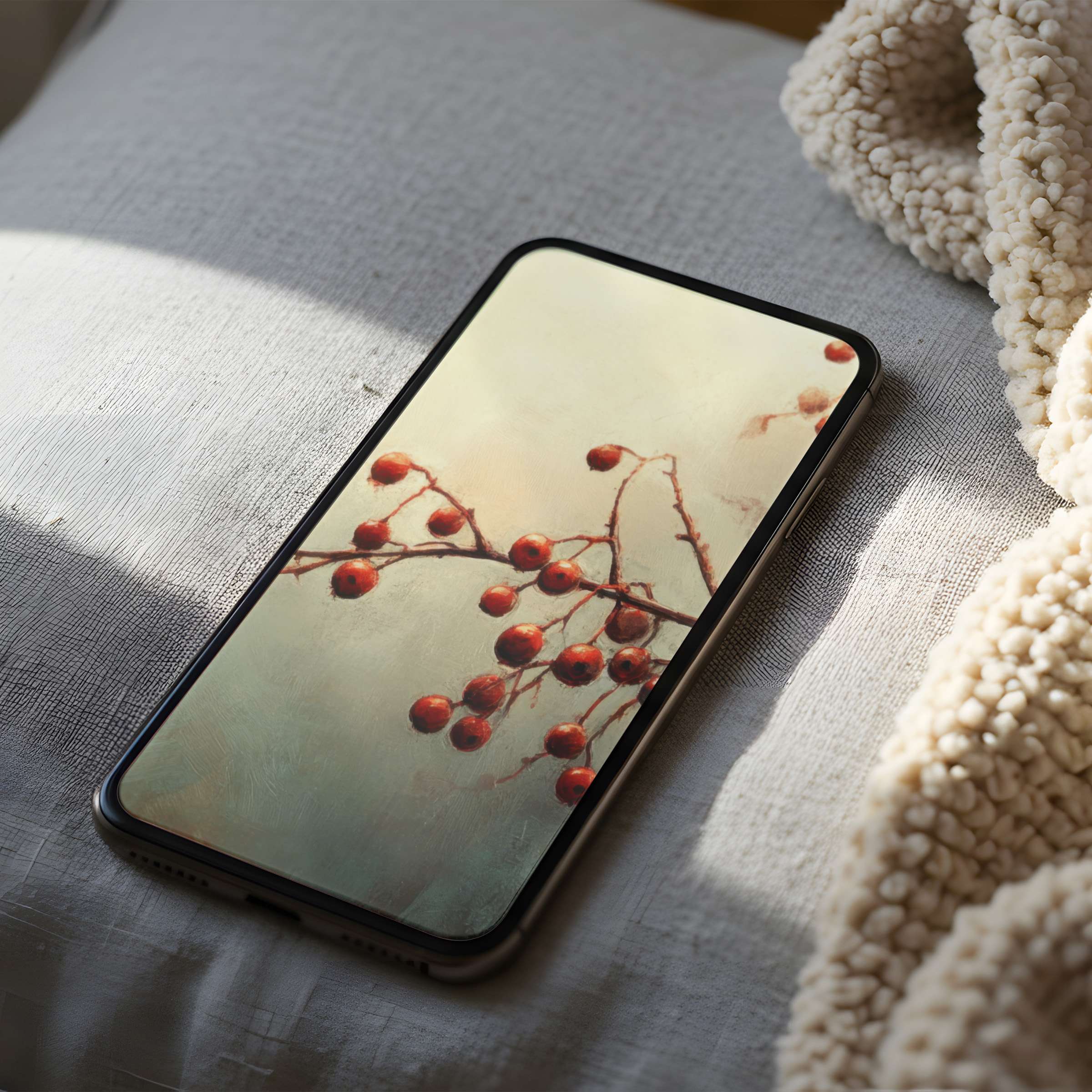 Elegant phone wallpaper with red berries on branches in a calming, high-resolution design perfect for iPhone and Android digital download
