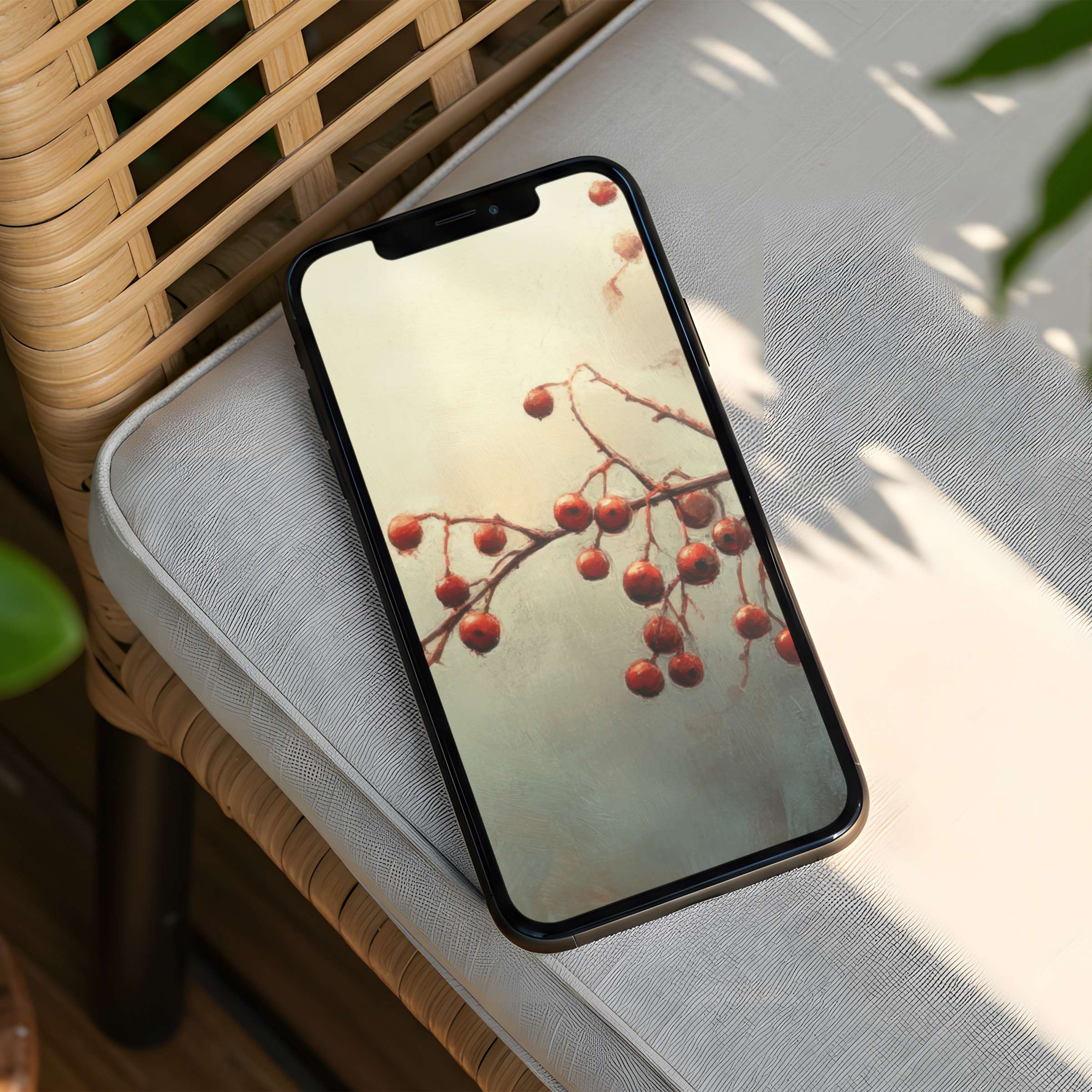 Elegant iPhone background featuring red berries on a calm canvas offers instant download for mindful phone aesthetics and inspiration