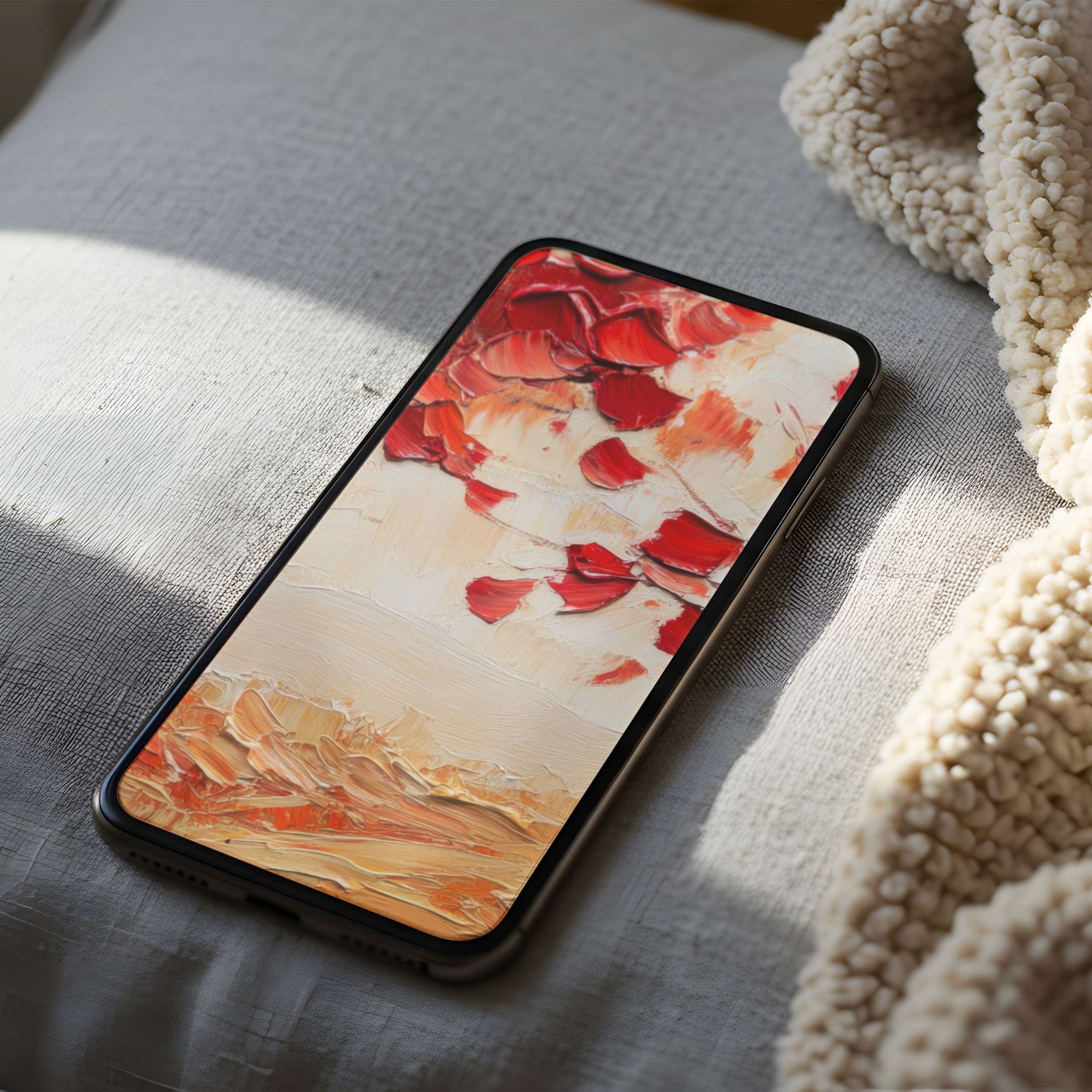 Elegant phone wallpaper featuring abstract red and cream brushstrokes, perfect for iPhone or android, adding serenity and style