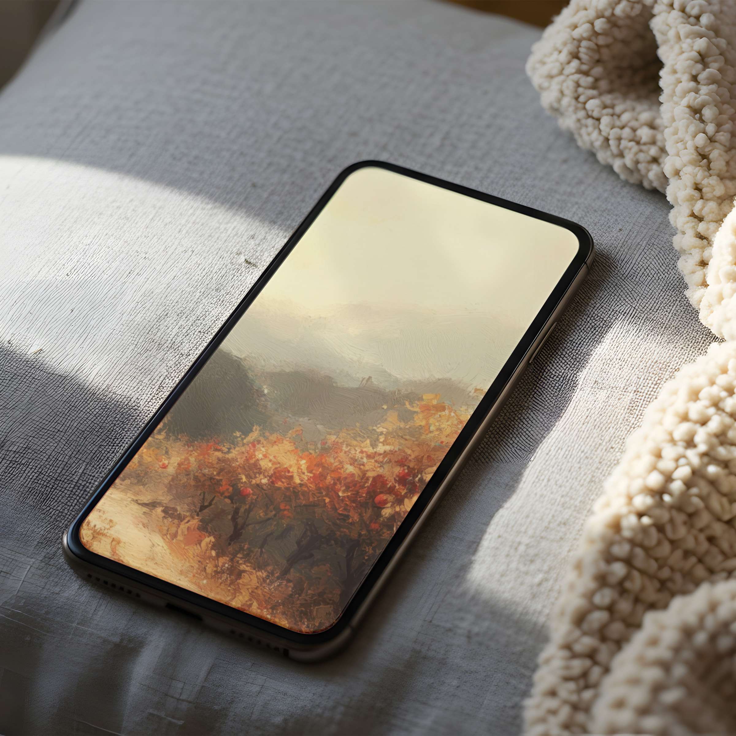 Elegant phone wallpaper featuring serene autumn landscape art in warm tones enhances any iPhone or Android with calming beauty