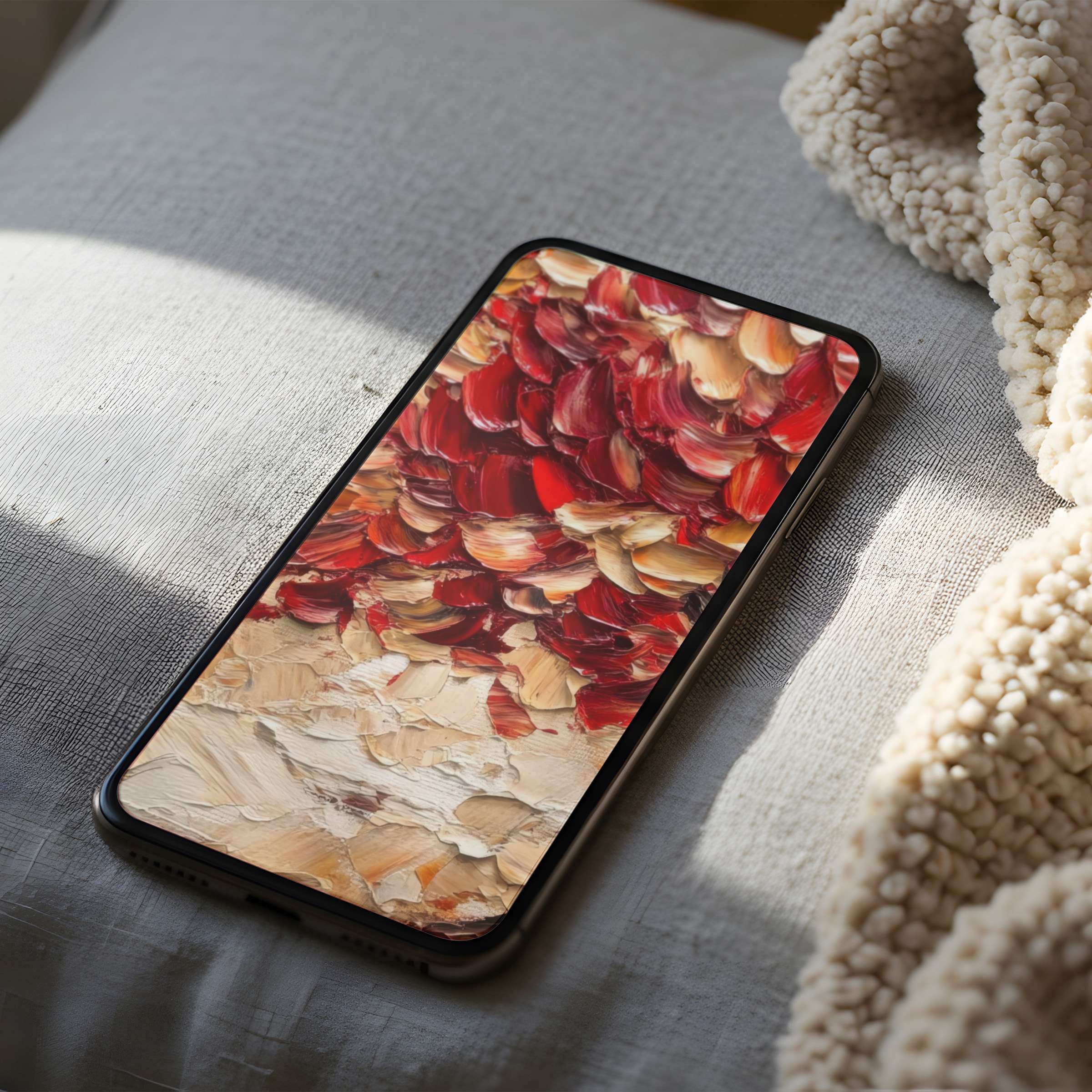 Romantic phone wallpaper with rich red and cream abstract brushstrokes offers high resolution elegance for iPhone or Android lovers