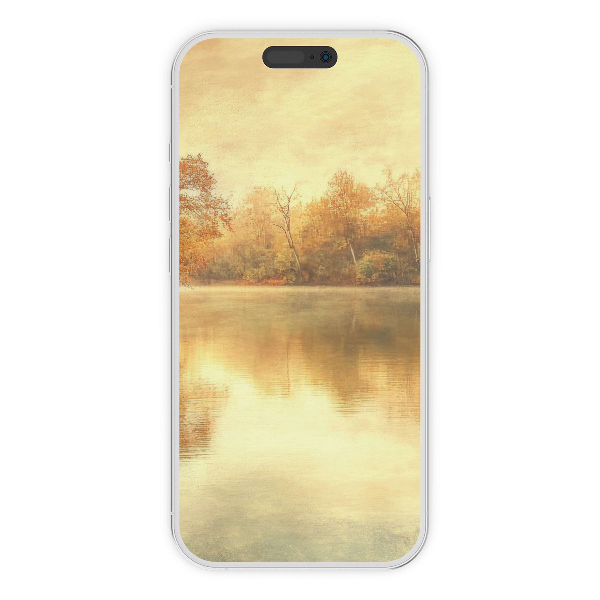 Tranquil fall iPhone wallpaper with serene lake and autumn trees in watercolor style digital download for phone background