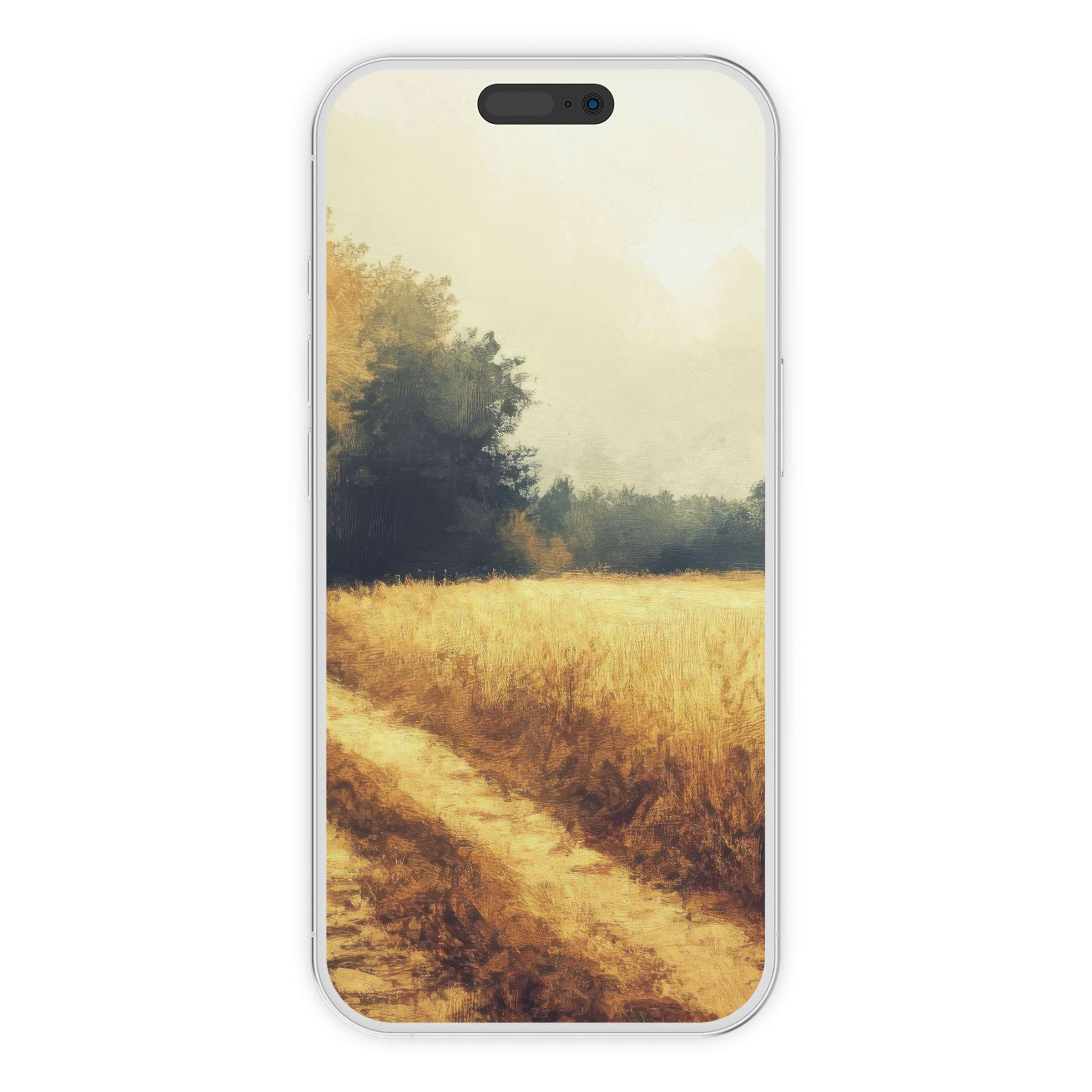 Golden autumn path with soft trees in this fall iPhone wallpaper digital download offers an elegant phone background for serenity