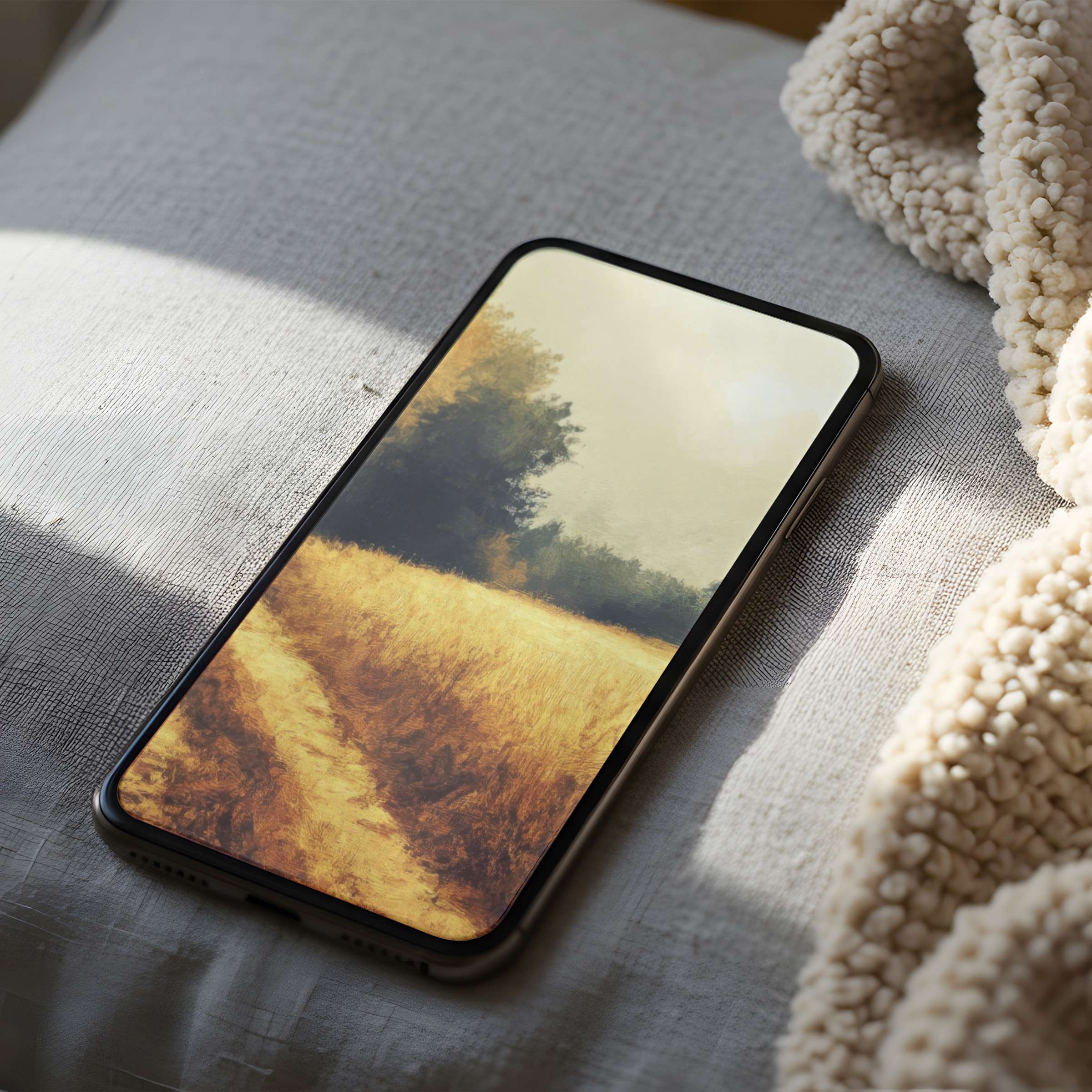 Serene phone wallpaper showcasing a golden field and trees in high resolution offers calm and elegance for iPhone and android use