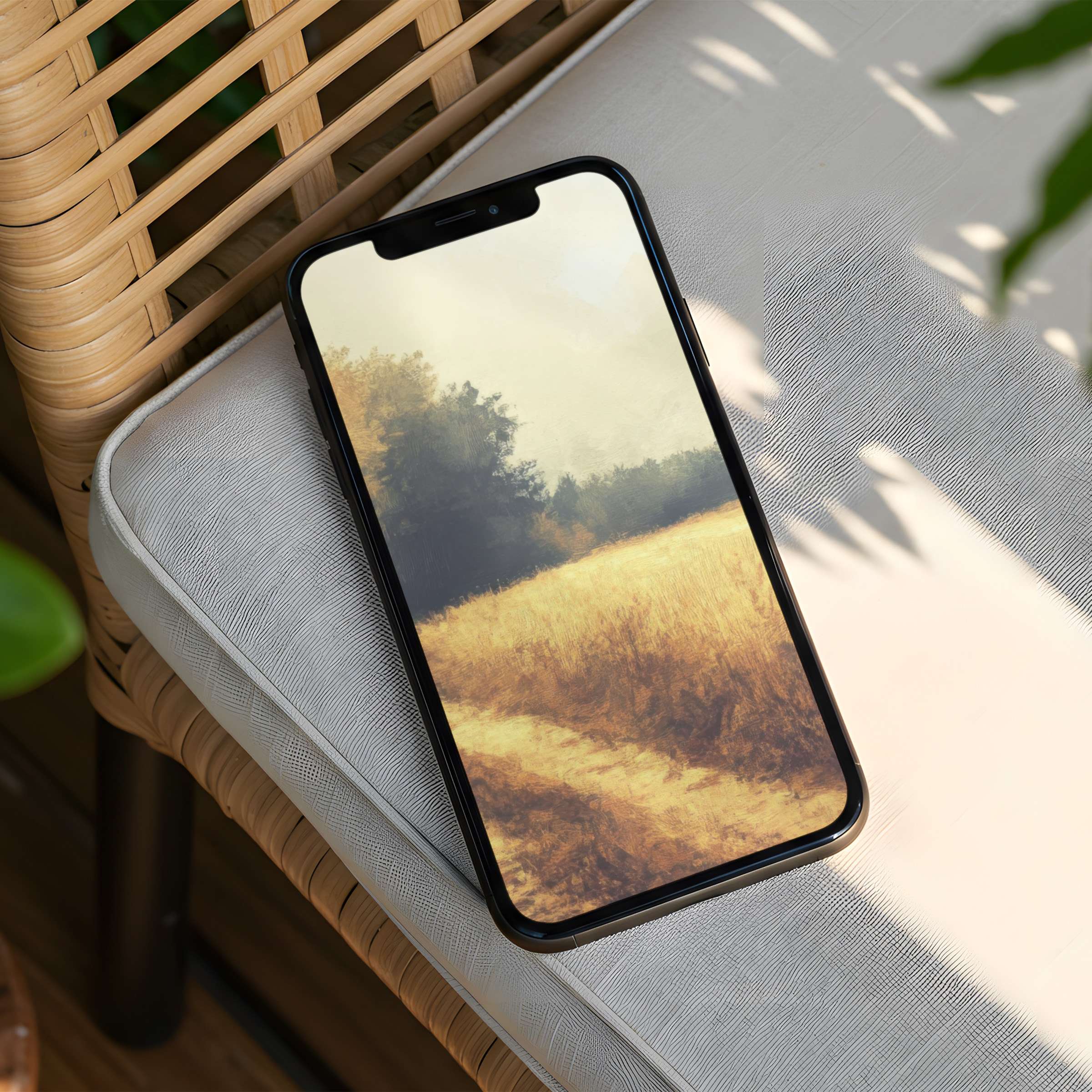 Tranquil iPhone background featuring a serene landscape of golden fields and trees, perfect for instant download to enhance your phone style
