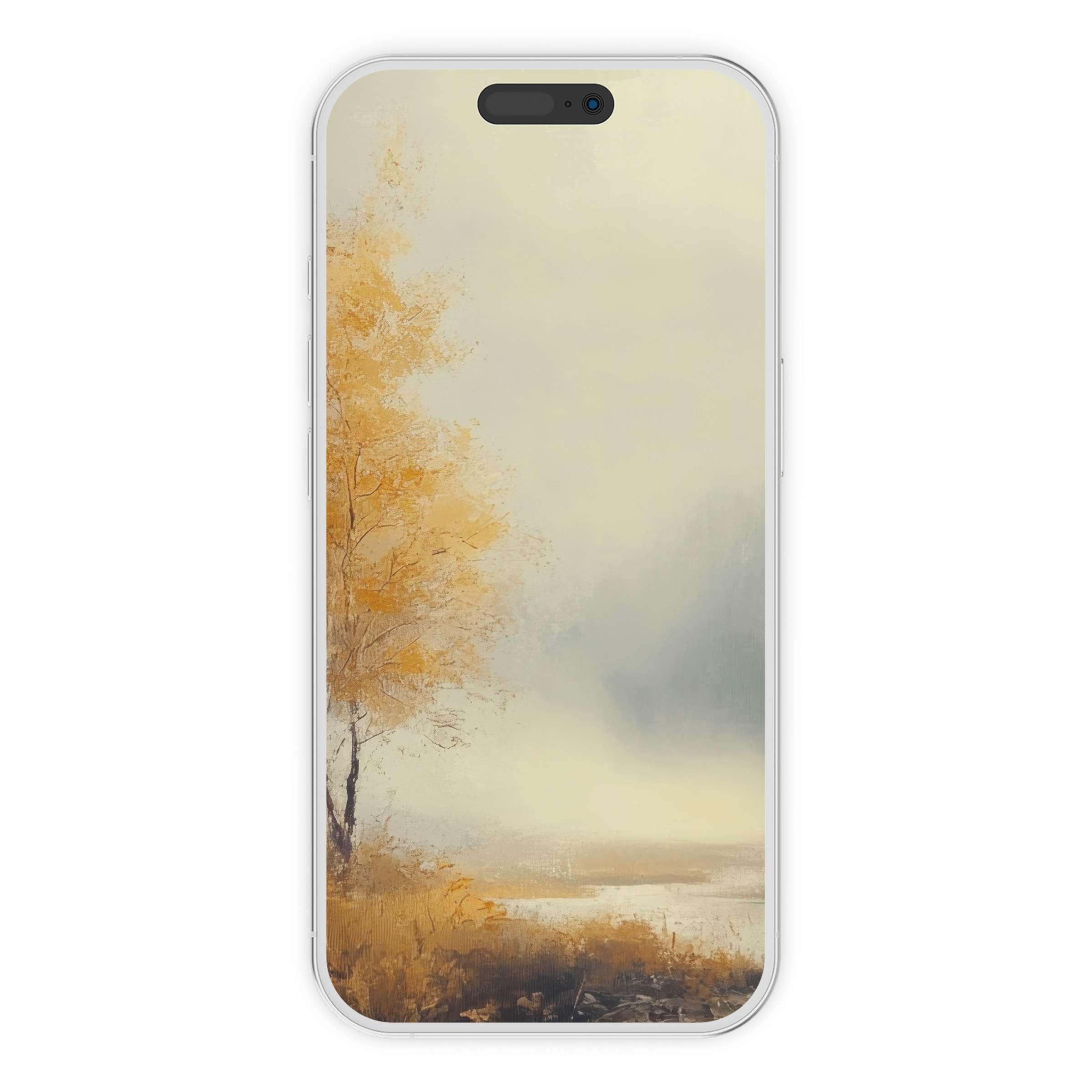 Elegant fall iPhone wallpaper featuring golden autumn trees with a serene misty background, digital download for phone harmony