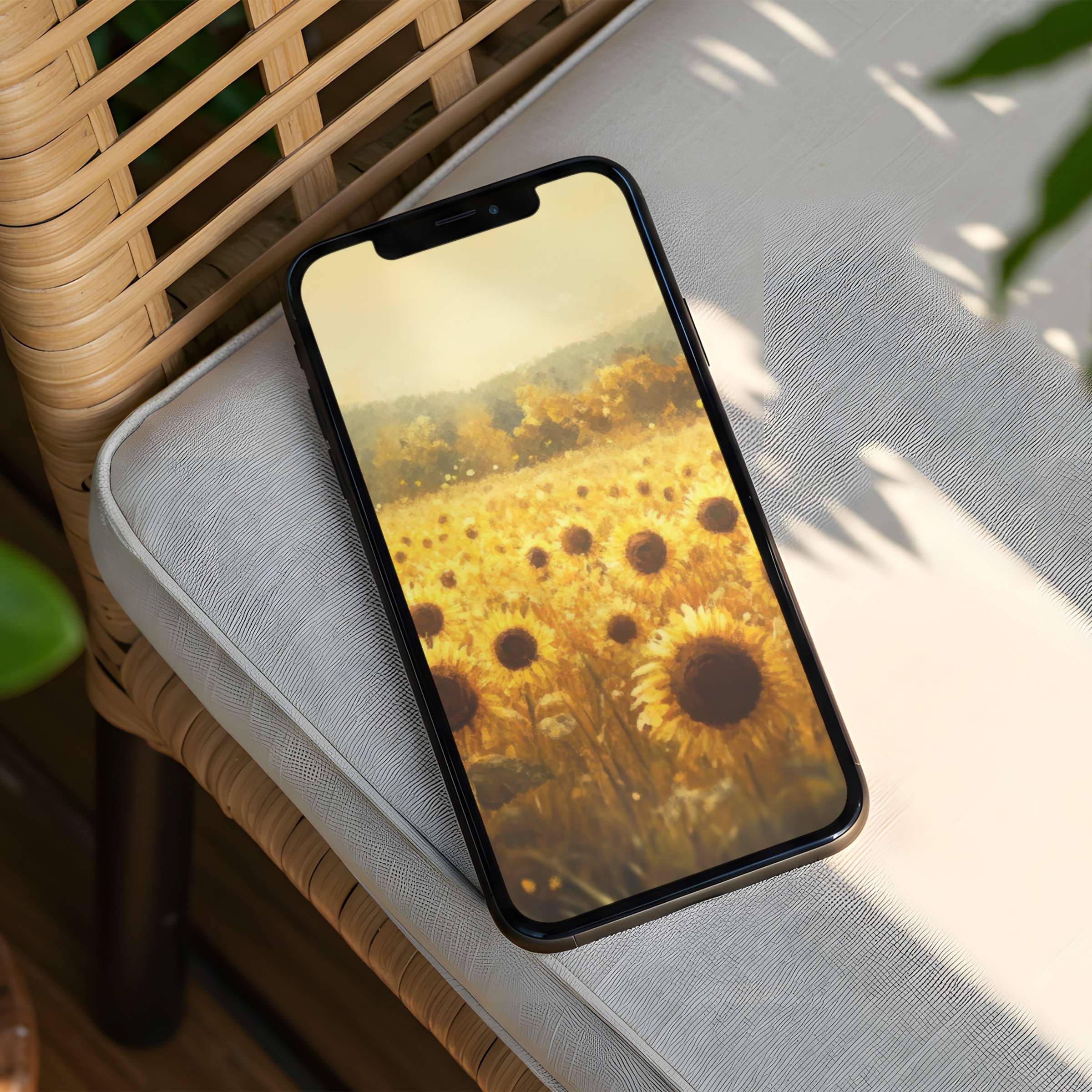 Serene sunflower field iPhone background on a phone, perfect for instant download, evoking calm and elegance for design lovers