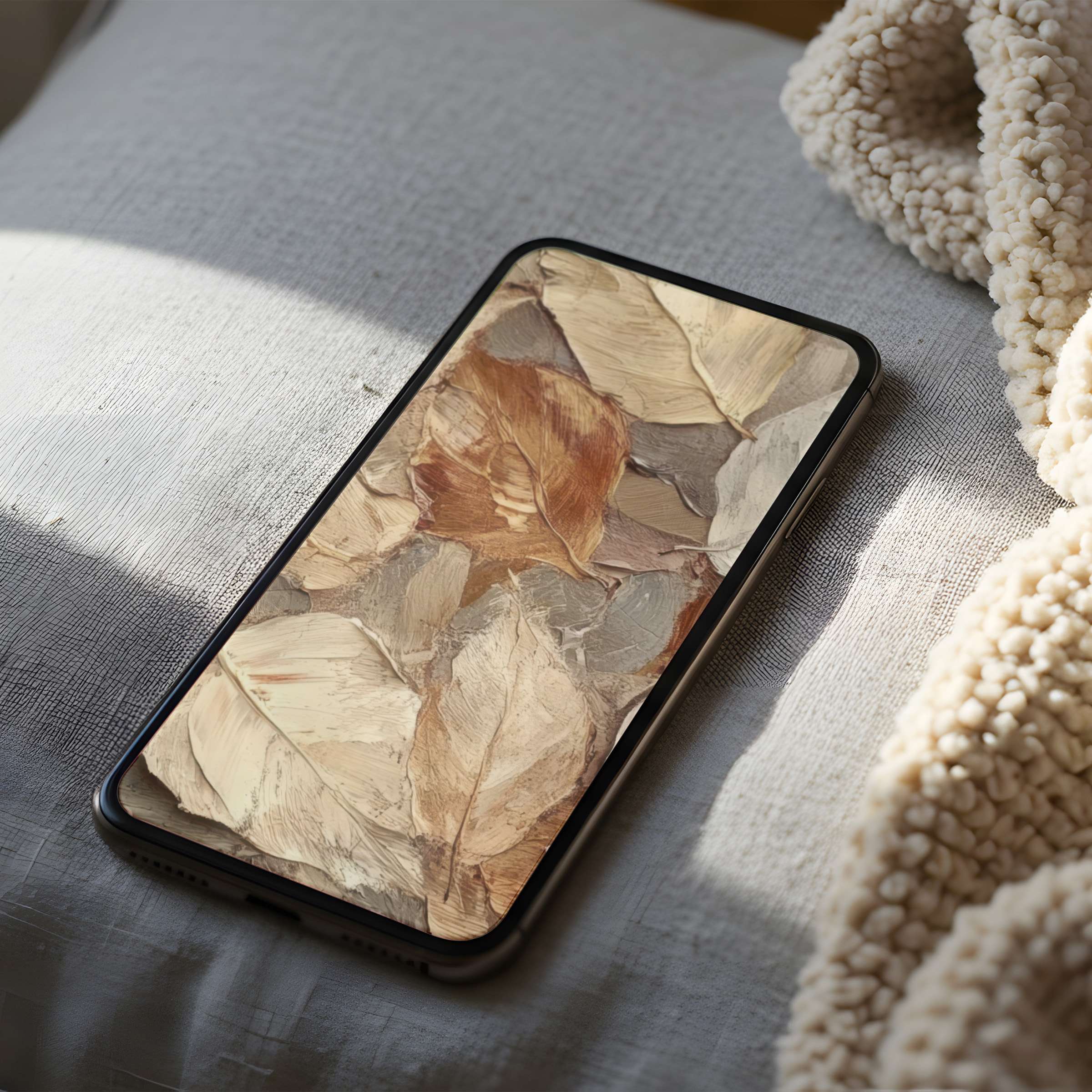 Elegant phone wallpaper with soothing earth-toned leaf textures, perfect for iPhone as a curated digital download boosting tranquility