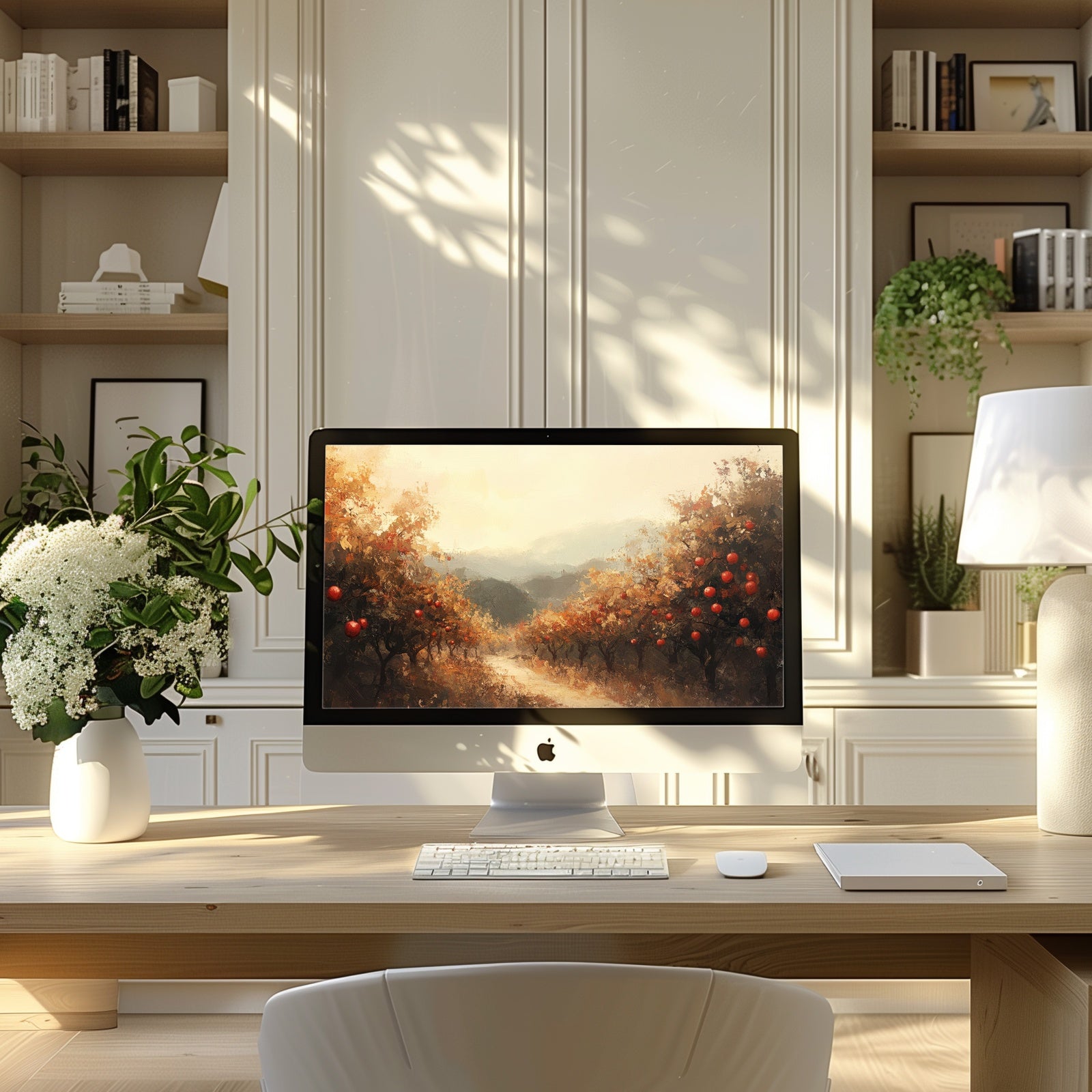 Autumn desktop wallpaper featuring a warm countryside landscape with golden trees and soft morning light, designed to bring cozy seasonal charm and calm focus to your workspace