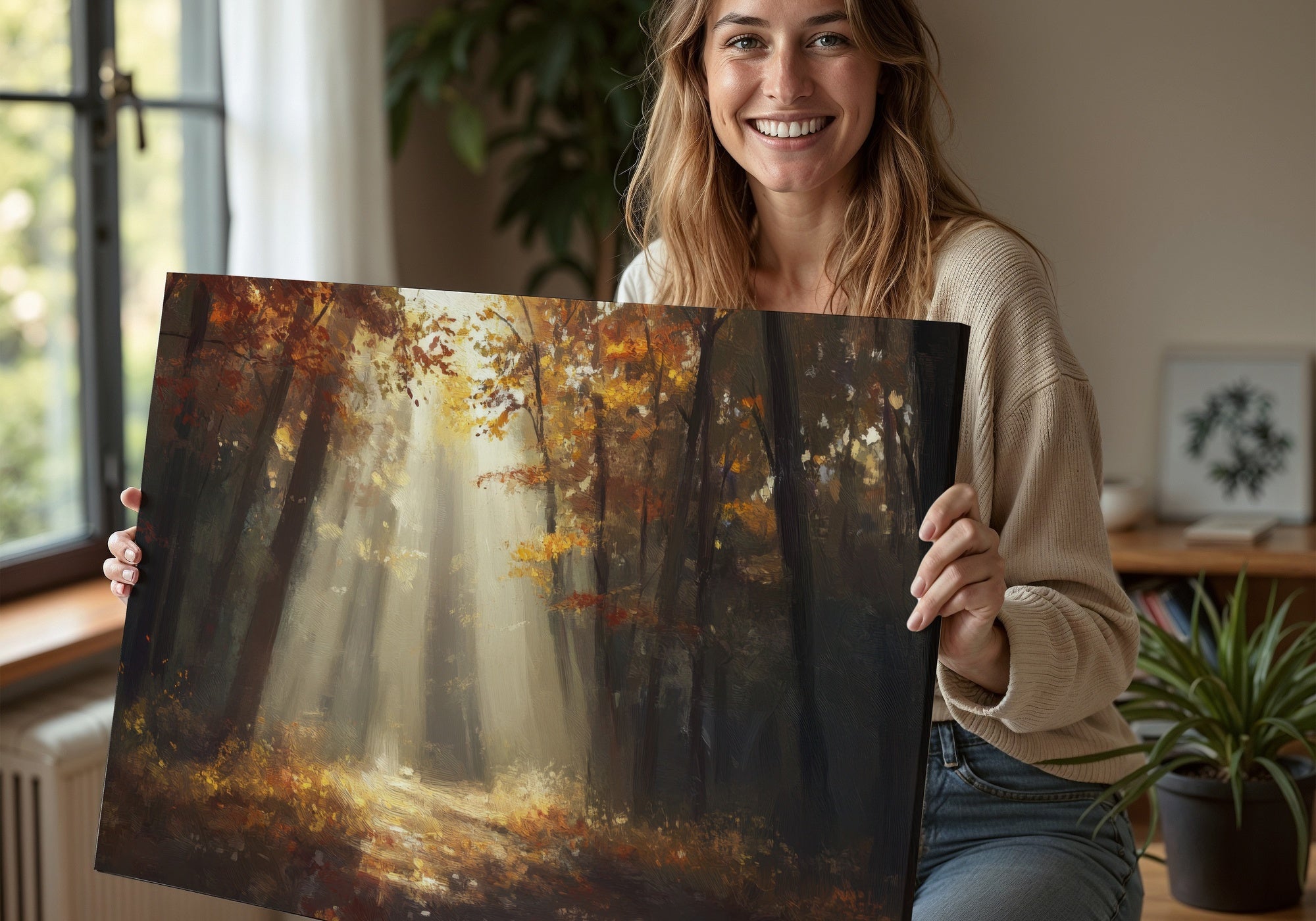 Happy Woman with Fall Digital Art Print