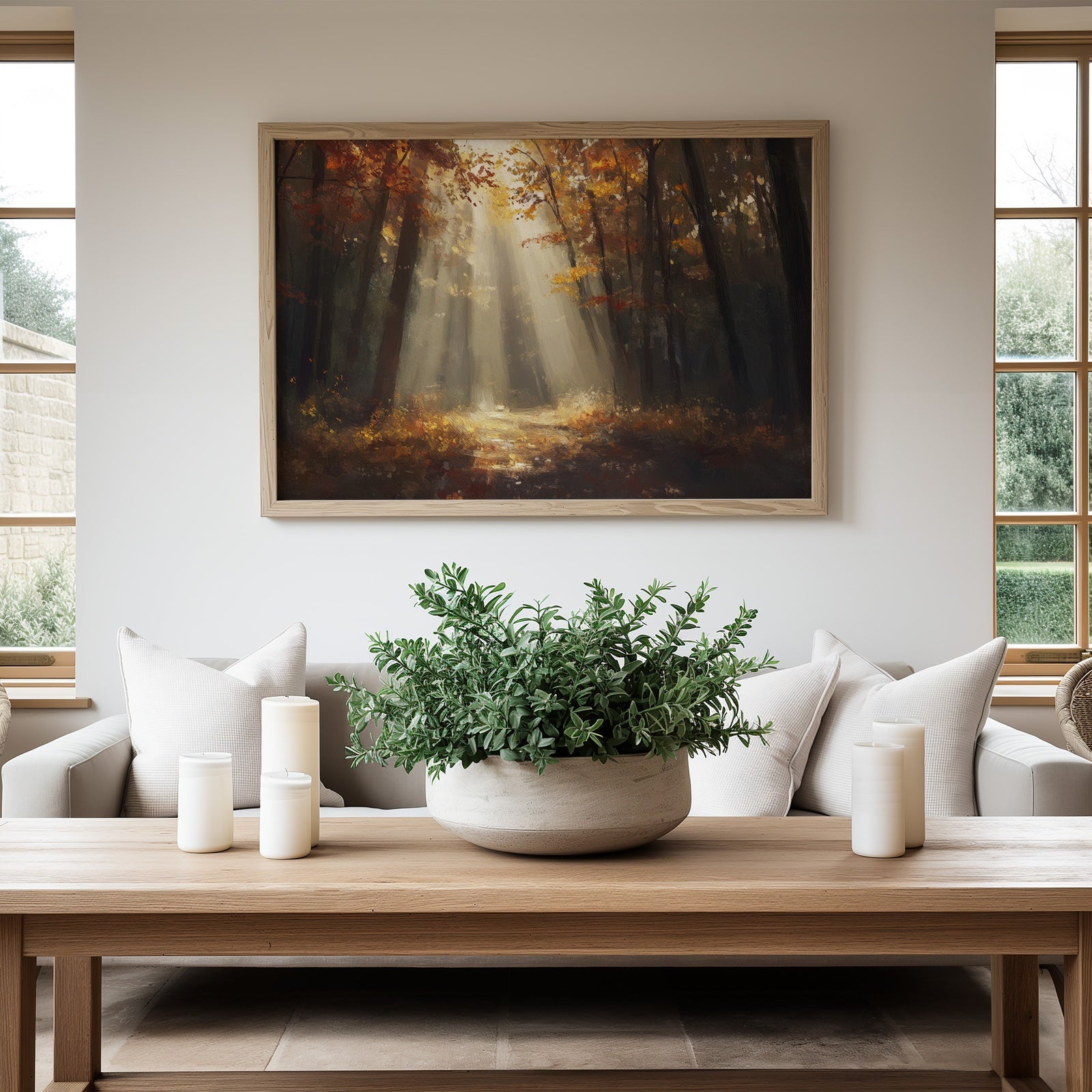 Fall printable wall art depicting a sunlit forest with golden autumn leaves, displayed above a beige sofa and wooden table in a cozy, nature-inspired living room
