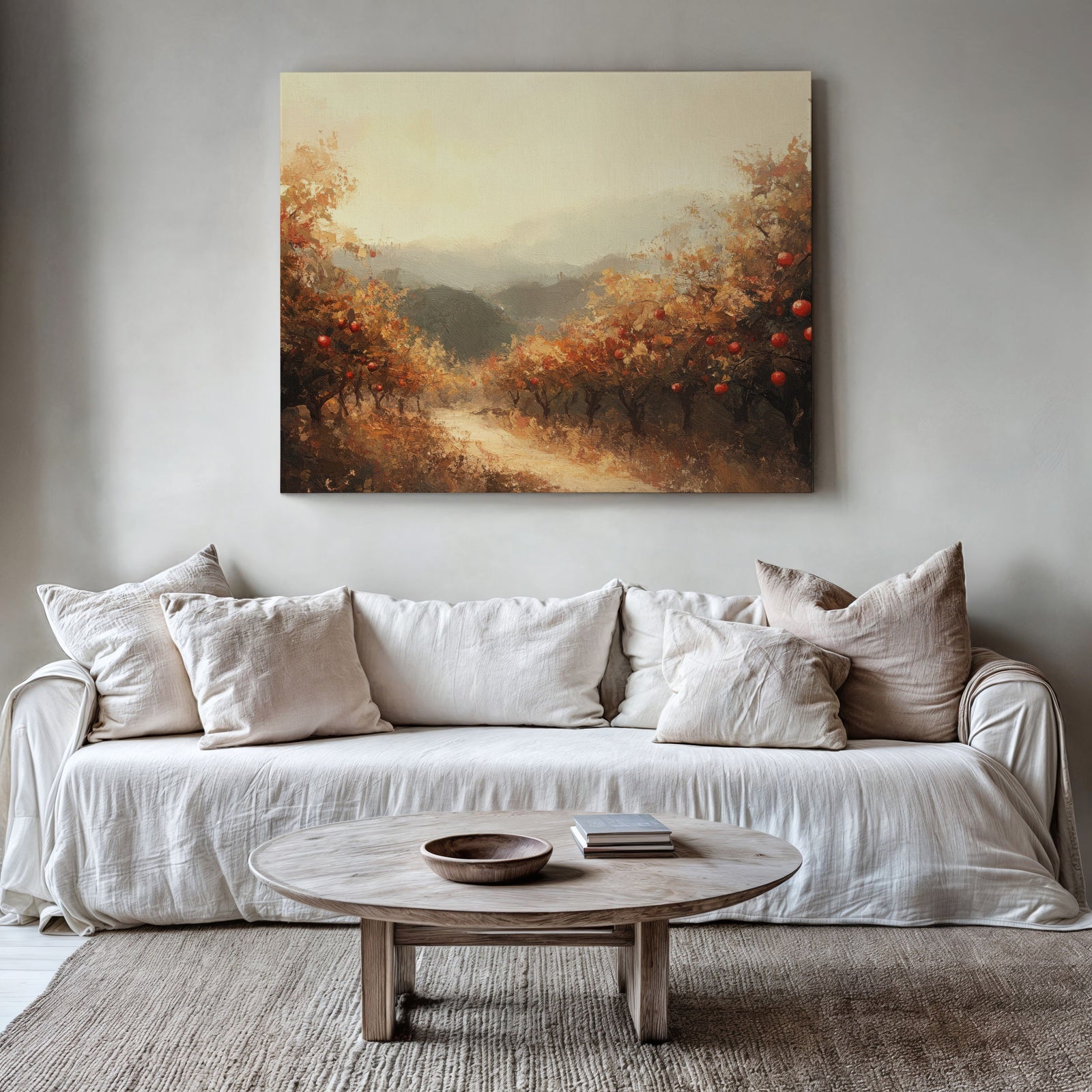 Fall printable wall art featuring a warm autumn landscape with golden trees and soft sunlight, displayed above a neutral modern sofa with cozy textures and natural decor