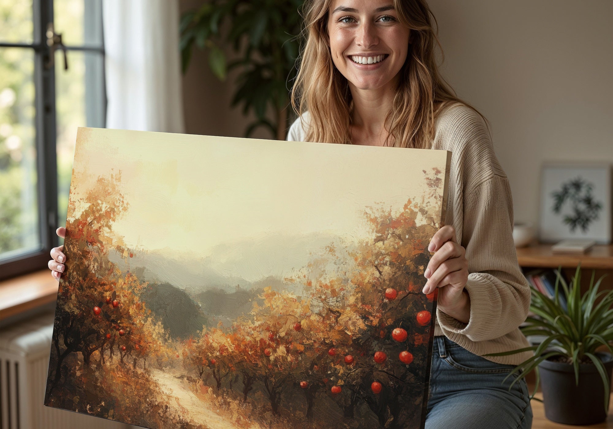 Fall printable wall art featuring an autumn landscape with golden trees and red apples along a peaceful path, held by a smiling woman in a cozy, naturally lit room